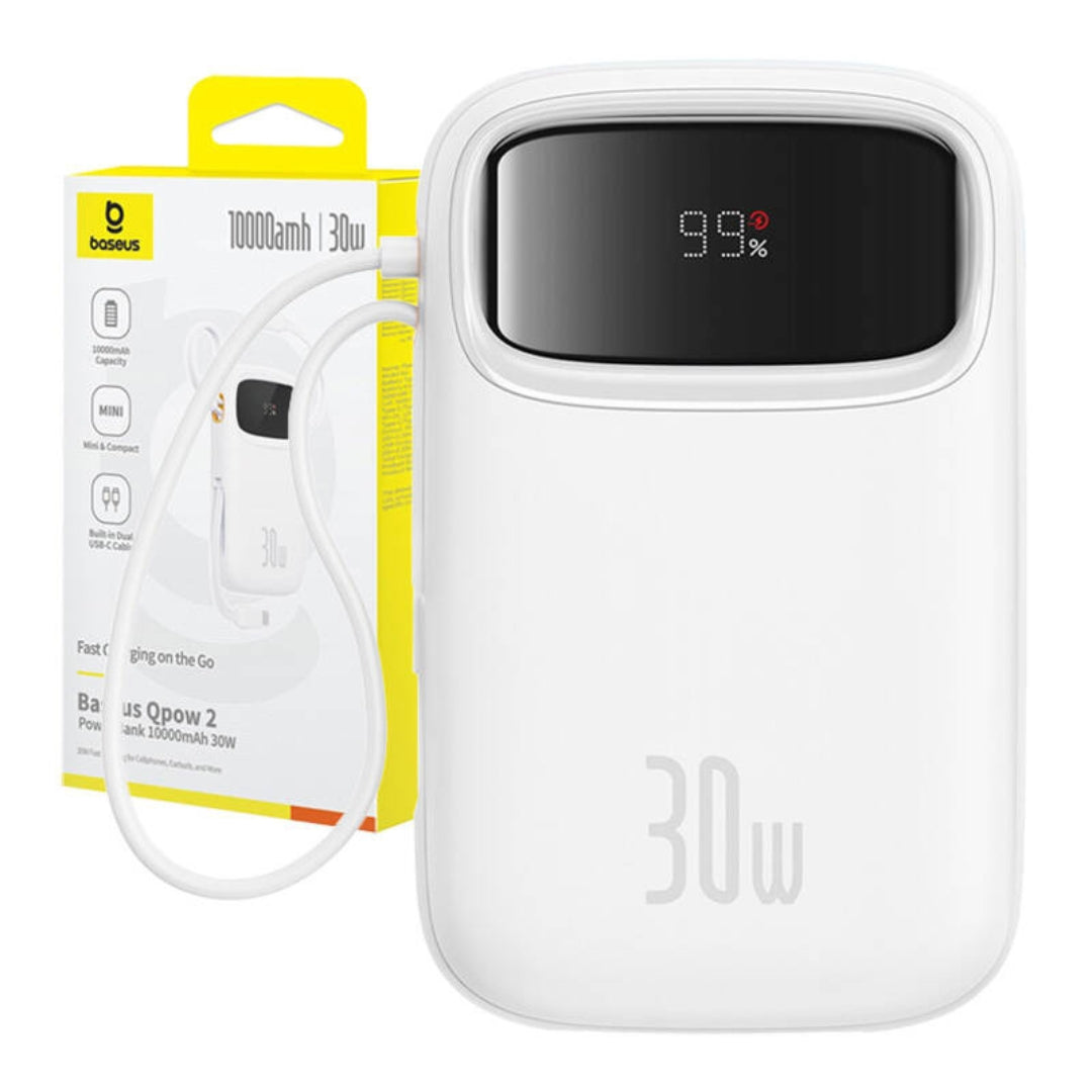 Baseus Qpow 2 Powerbank 10.000mah 30w Με Ενσωματωμενα Καλωδια Usb-c – Λευκό Baseus