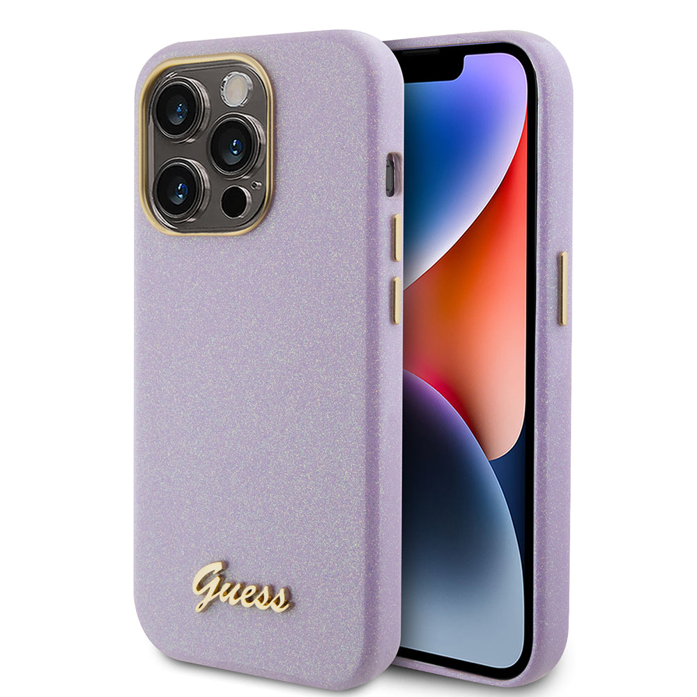 Guess Glitter Full Wrapped Glossy Case with Vintage Script Logo Θήκη προστασίας από σιλικόνη – iPhone 15 Pro (Glitter Lilac – GUHCP15LPGMCSL)