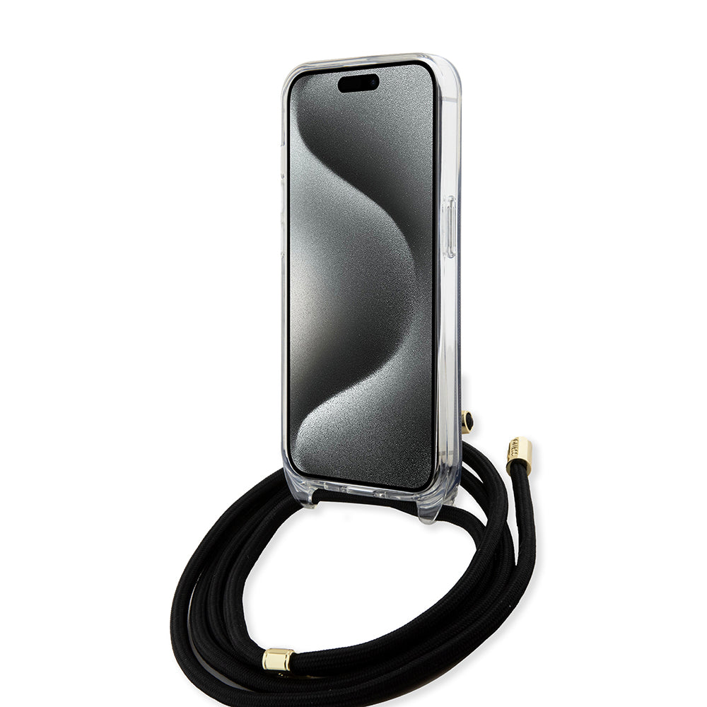 Guess "4G Logo Collection" Crossbody Hard Case Script Metal Logo Θήκη προστασίας από σιλικόνη με λουράκι – iPhone 15 Pro (Μαύρο – GUHCP15LHC4SEK)