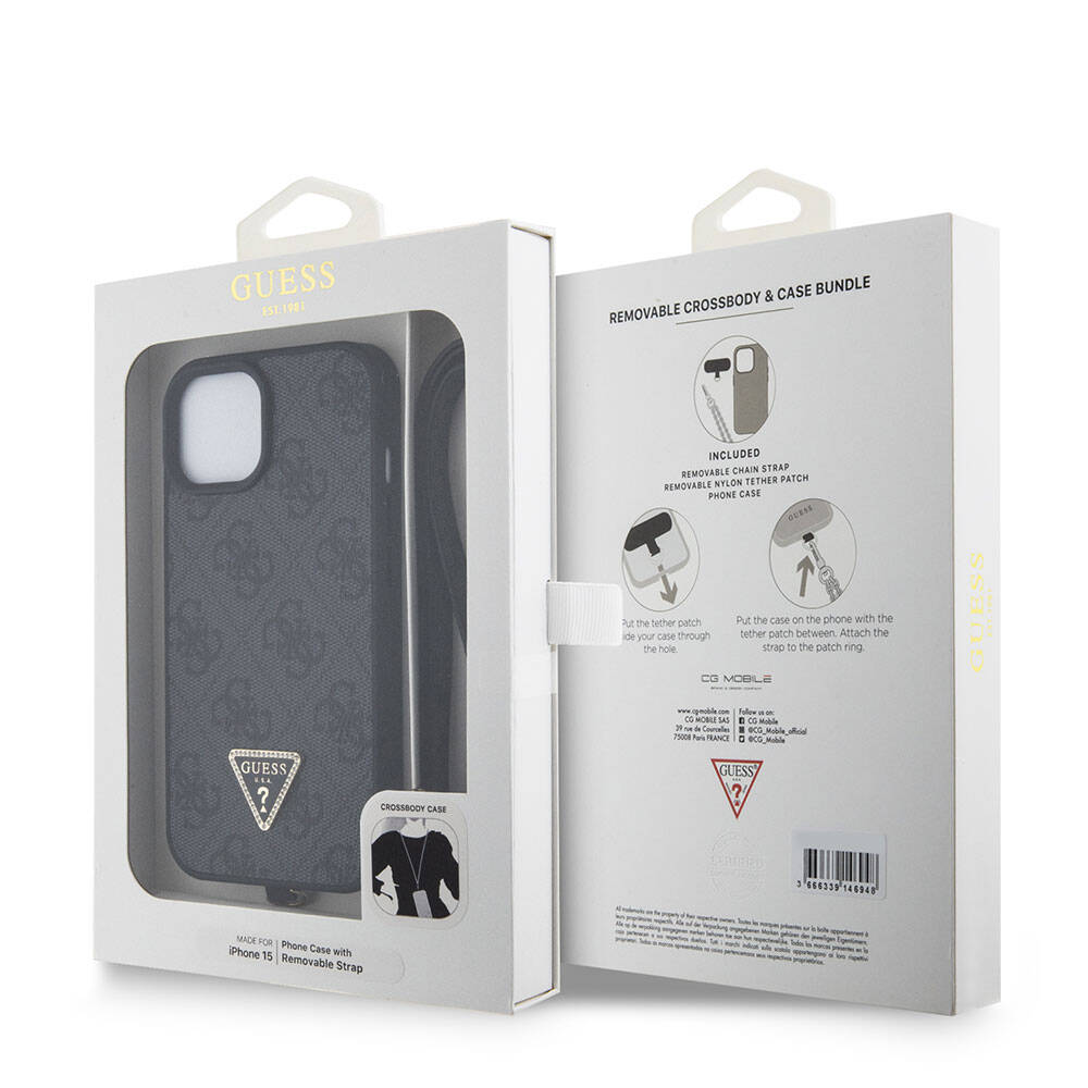 Guess "4G Metal Logo Strass Collection" Crossbody Case Θήκη προστασίας από δερματίνη με λουράκι – iPhone 15 (Μαύρο – GUHCP15SP4TDSCPK)