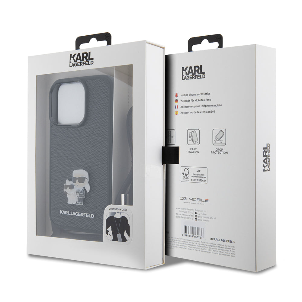 Karl Lagerfeld Crossbody K+C Metal Pin Saffiano Hard Case Θήκη προστασίας από δερματίνη με λουράκι – iPhone 15 Pro (Μαύρο – KLHCP15LSAKCPSK)