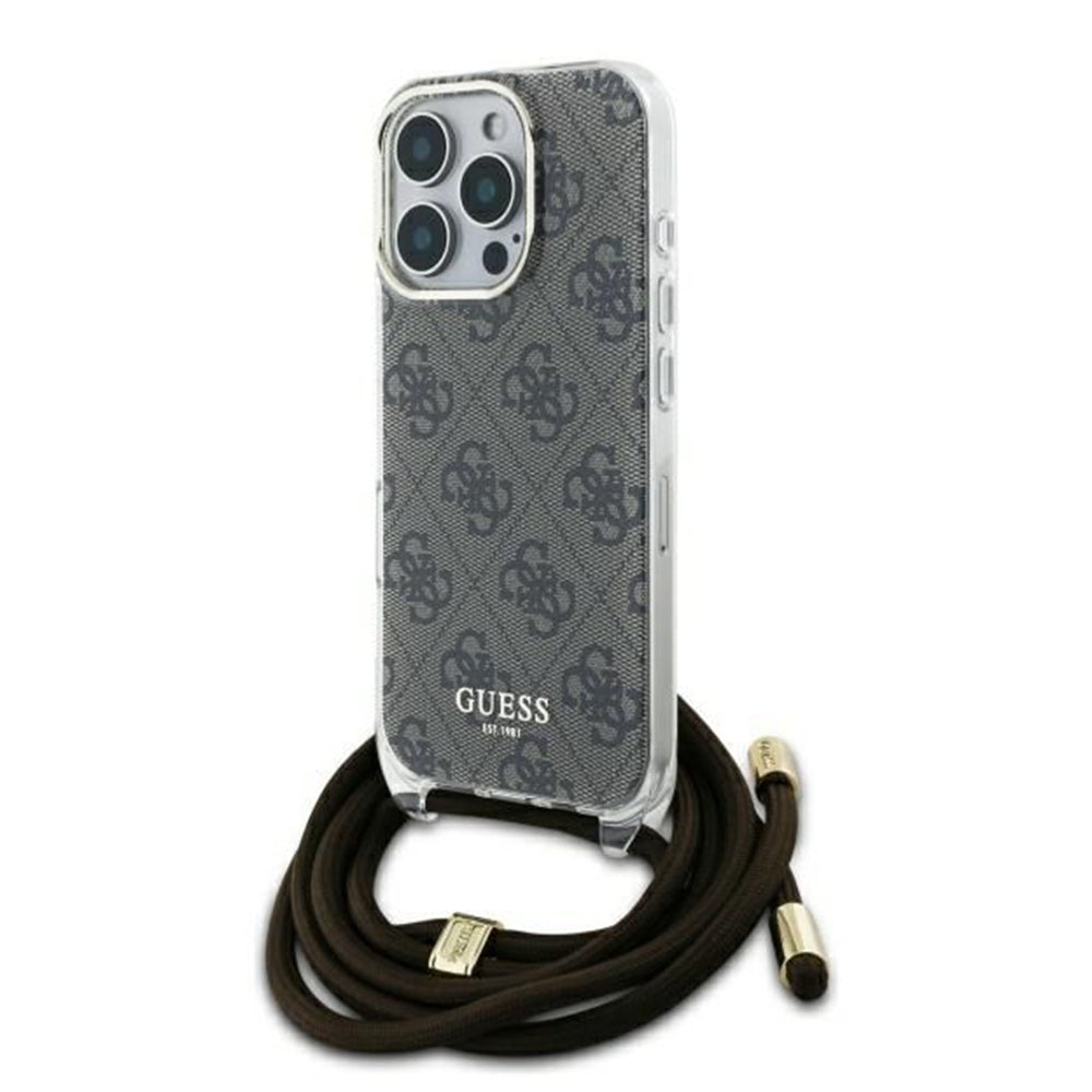 Guess “4G Logo Collection” Crossbody Hard Case Script Metal Logo Θήκη προστασίας από σιλικόνη με λουράκι – iPhone 16 Pro (Καφέ – GUHCP16LHC4SEW)