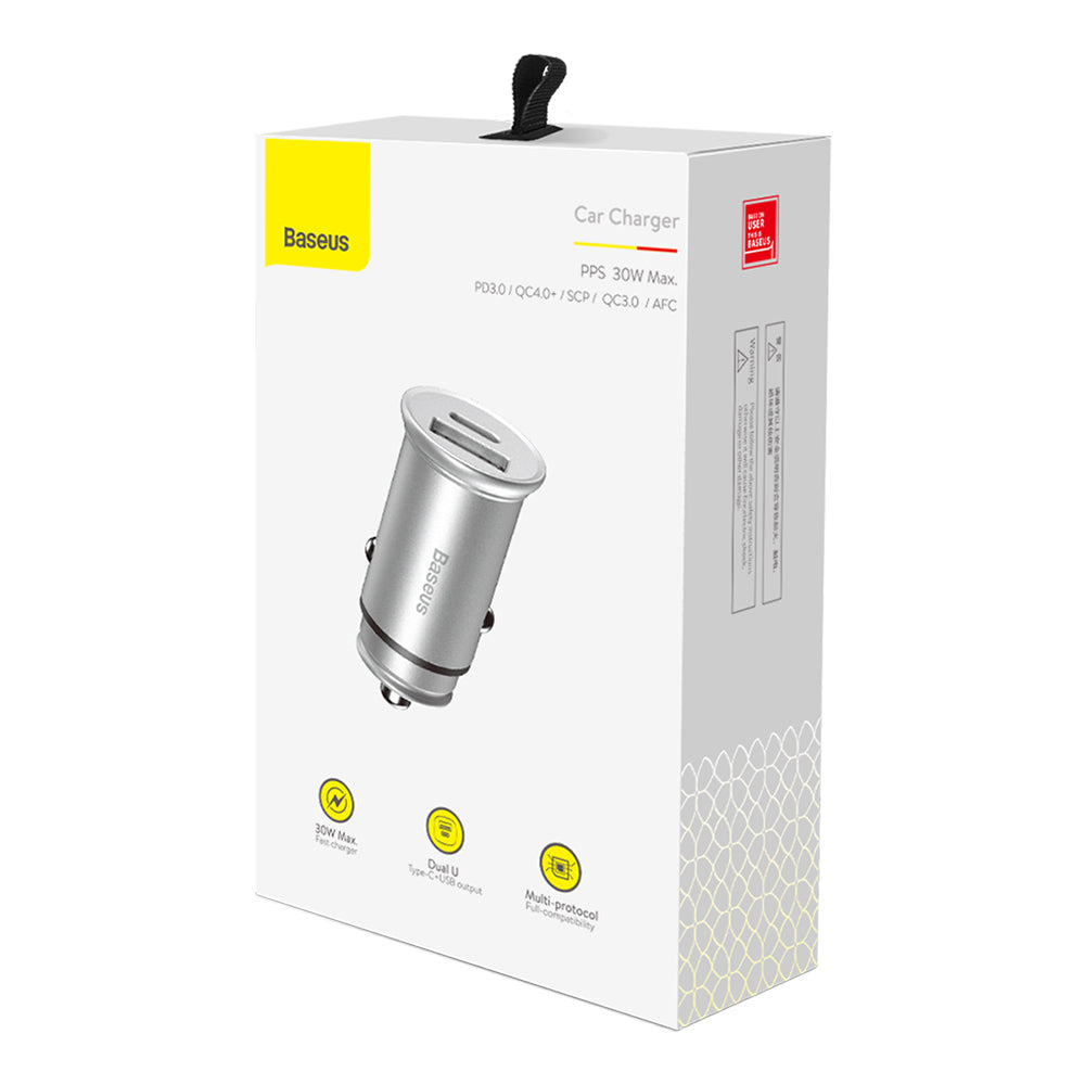 Baseus - Car Charger Circular Metal (CCALL-BS0S) - Type-C, USB, PPS 30W, Multi Protocol - Silver