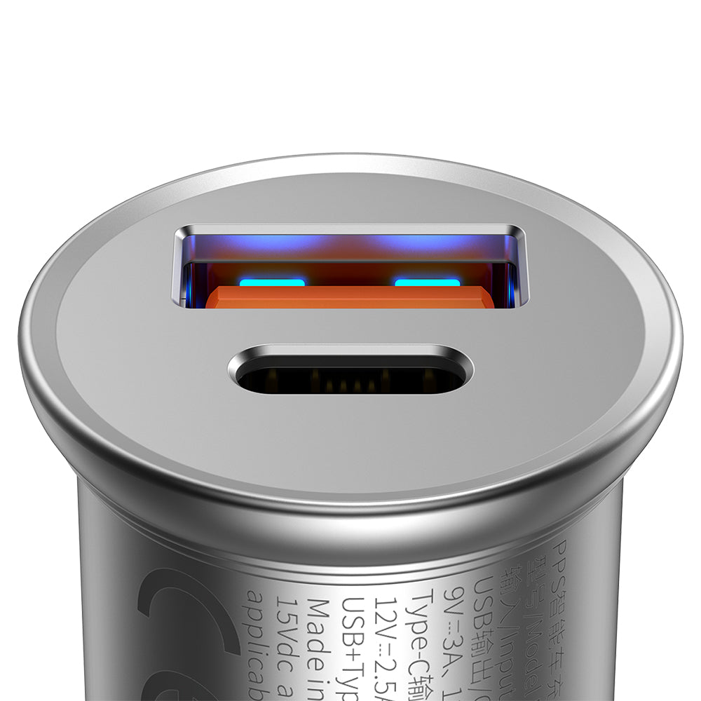 Baseus - Car Charger Circular Metal (CCALL-BS0S) - Type-C, USB, PPS 30W, Multi Protocol - Silver