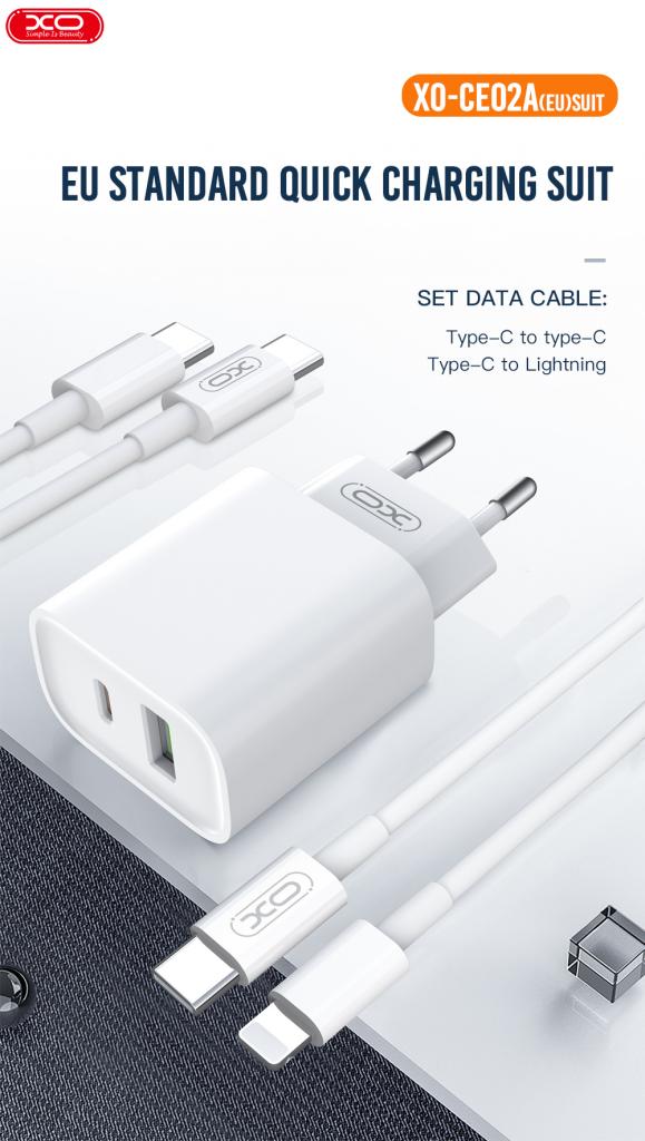XO CE02A Φορτιστής Τοίχου 20W με Power Delivery & Quick Charge 3.0 – 2 Θύρες (USB-A & USB-C) + Καλώδιο USB-C σε Lightning