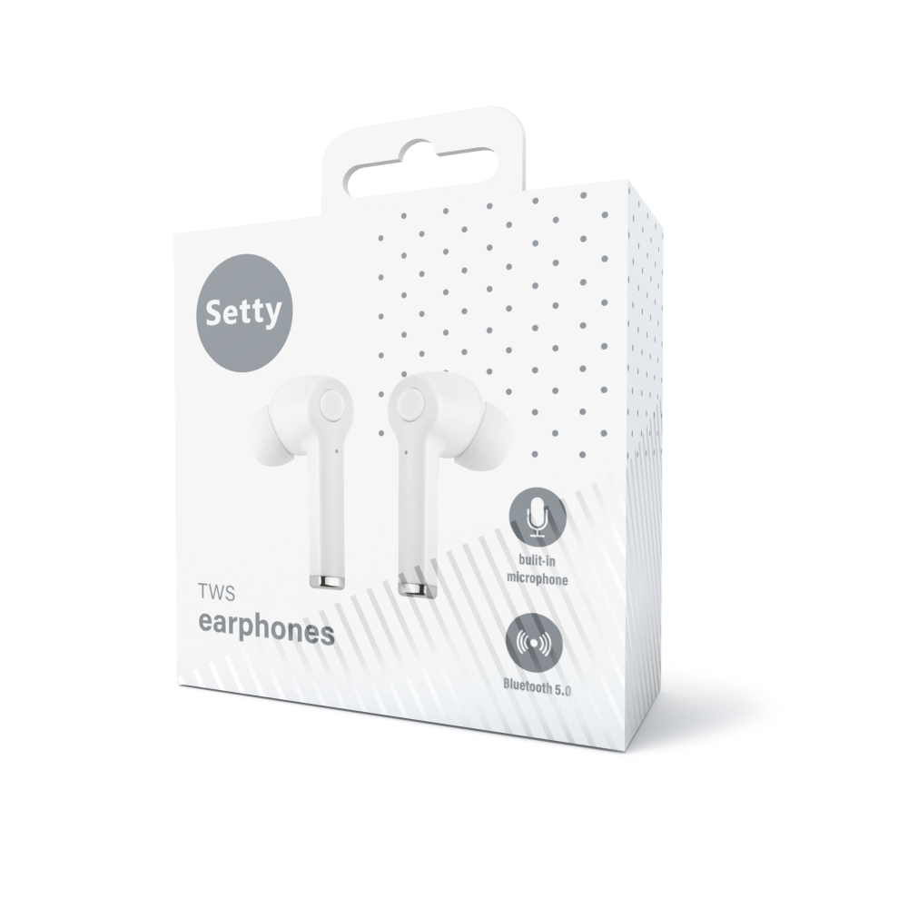 Setty TWS Bluetooth In‑Ear Ακουστικά με Θήκη Φόρτισης – Λευκό