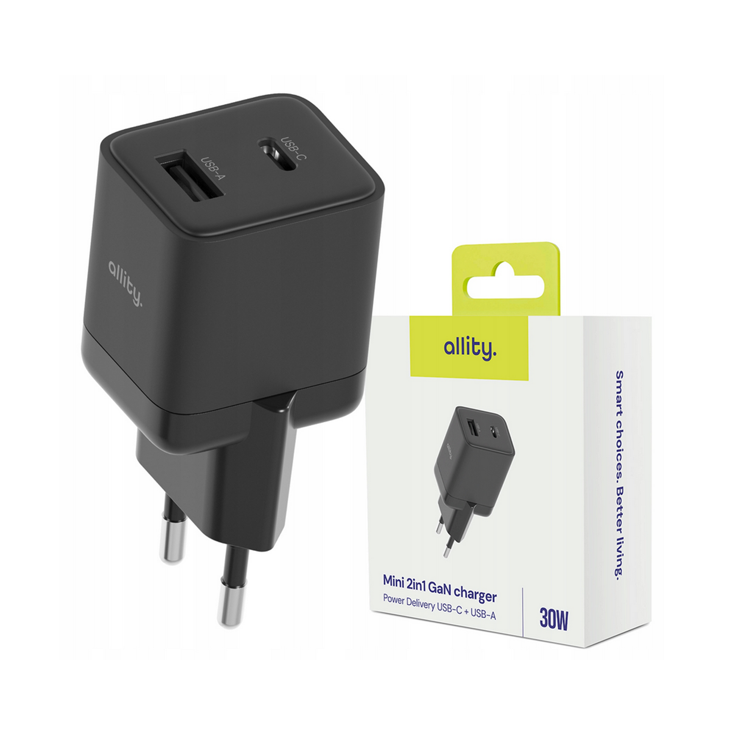 Φορτιστής τοίχου Allity GaN PD QC ATC-01-30WAC 1x USB-c 1x USB-a 30W μαύρος