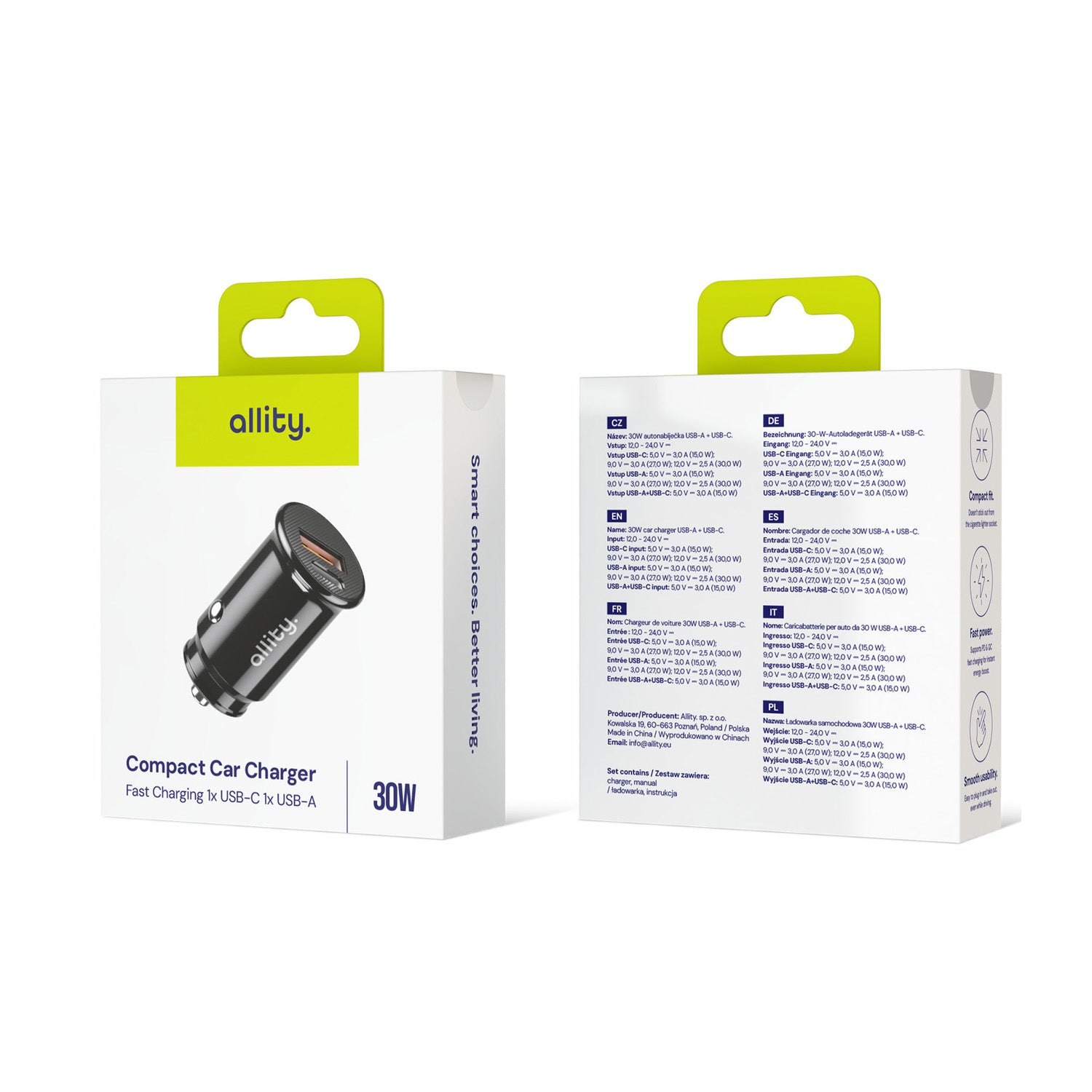Φορτιστής αυτοκινήτου Allity ACC-100-30WAC 1x USB-c 1x USB-a 30W μαύρος