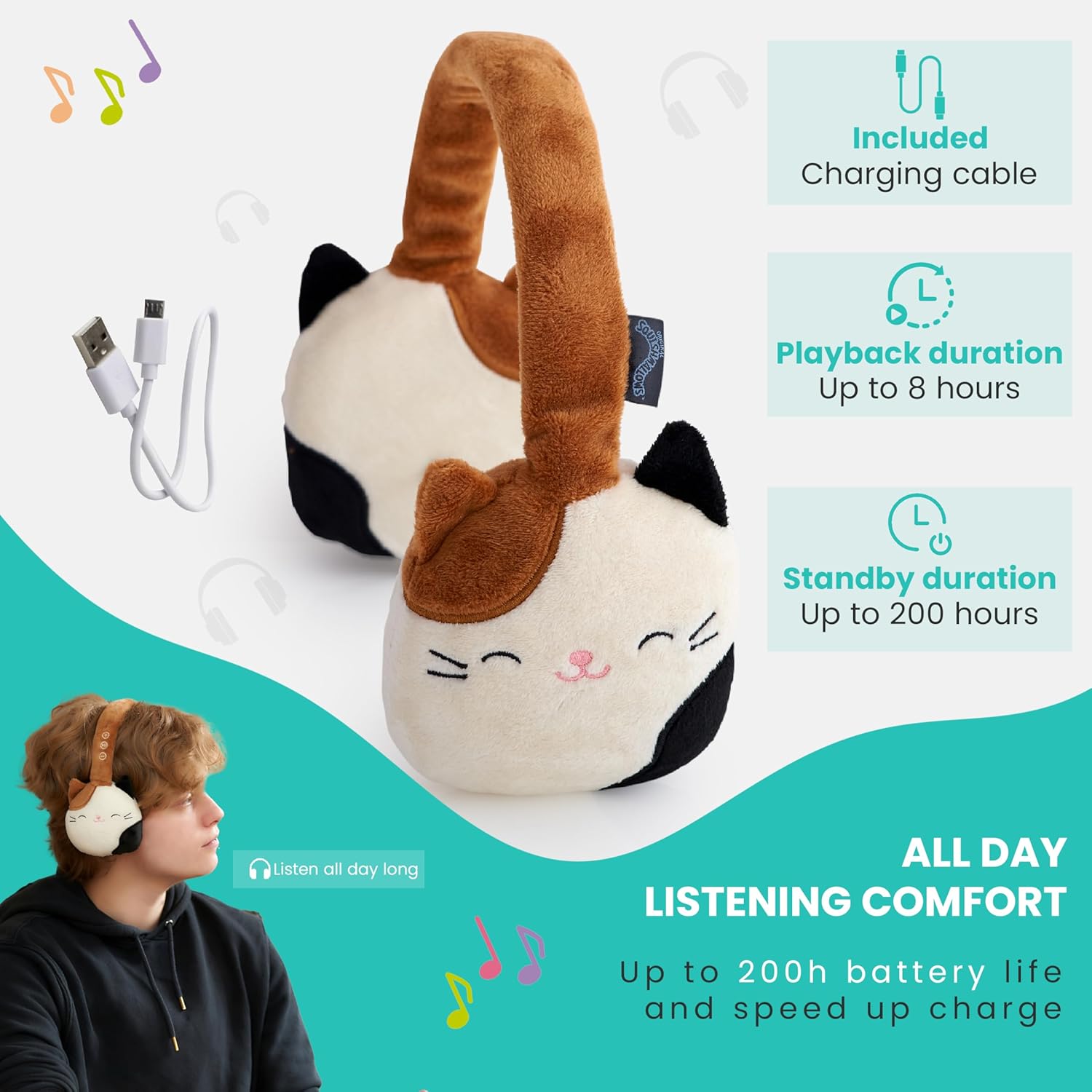 Lazerbuilt Squishmallows Cam the Cat – Λούτρινα Ασύρματα Παιδικά Ακουστικά με Μικρόφωνο