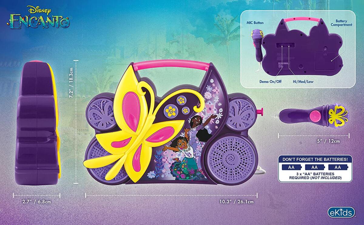 eKids Encanto Boombox Karaoke & Ενσύρματο Μικρόφωνο για παιδιά με ενσωματωμένη μουσική, φωτισμό, Sound Effects (EN-115) (Κίτρινο/Μωβ/Ροζ)