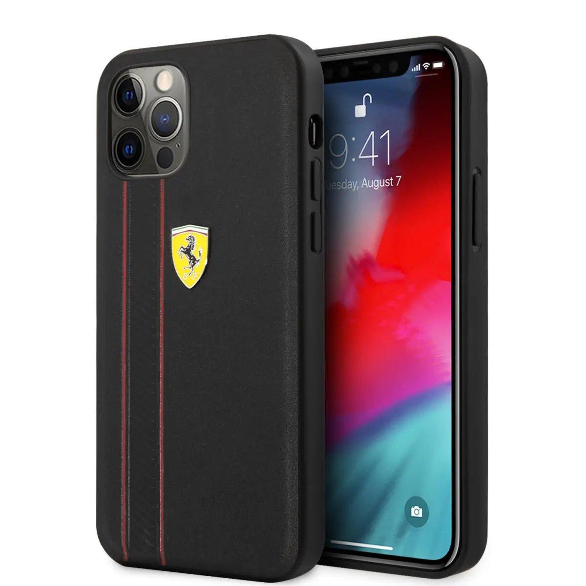 Ferrari "Debossed Stripes & Red Lines" Leather Case Θήκη προστασίας από γνήσιο καπιτονέ δέρμα – iPhone 12 Pro Max (Μαύρη/Quilted Leather) – PhoneBazaar