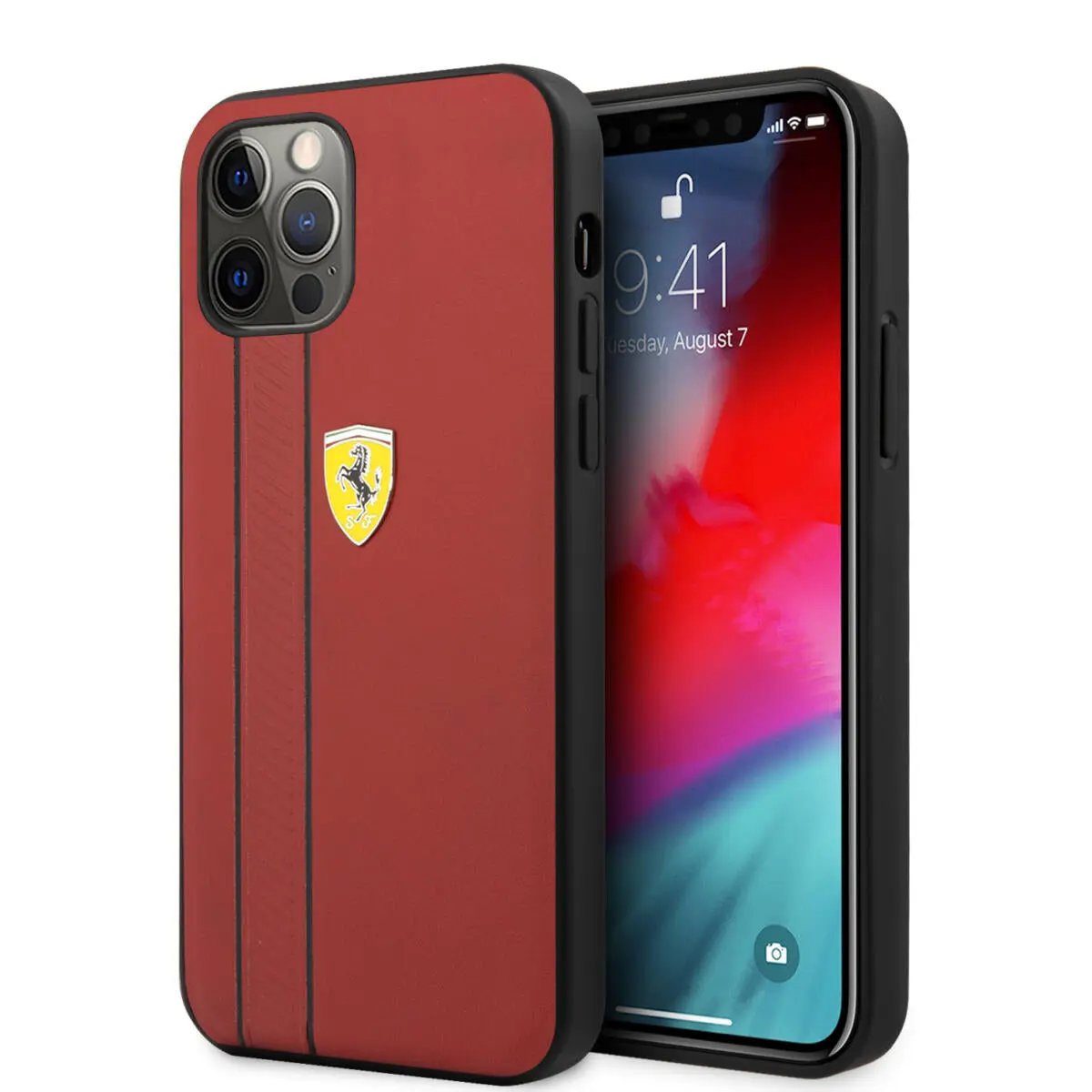 Ferrari "Debossed Stripes & Black Lines" Leather Case Θήκη προστασίας από γνήσιο καπιτονέ δέρμα – iPhone 12 Pro Max (Κόκκινη/Quilted Leather) – PhoneBazaar