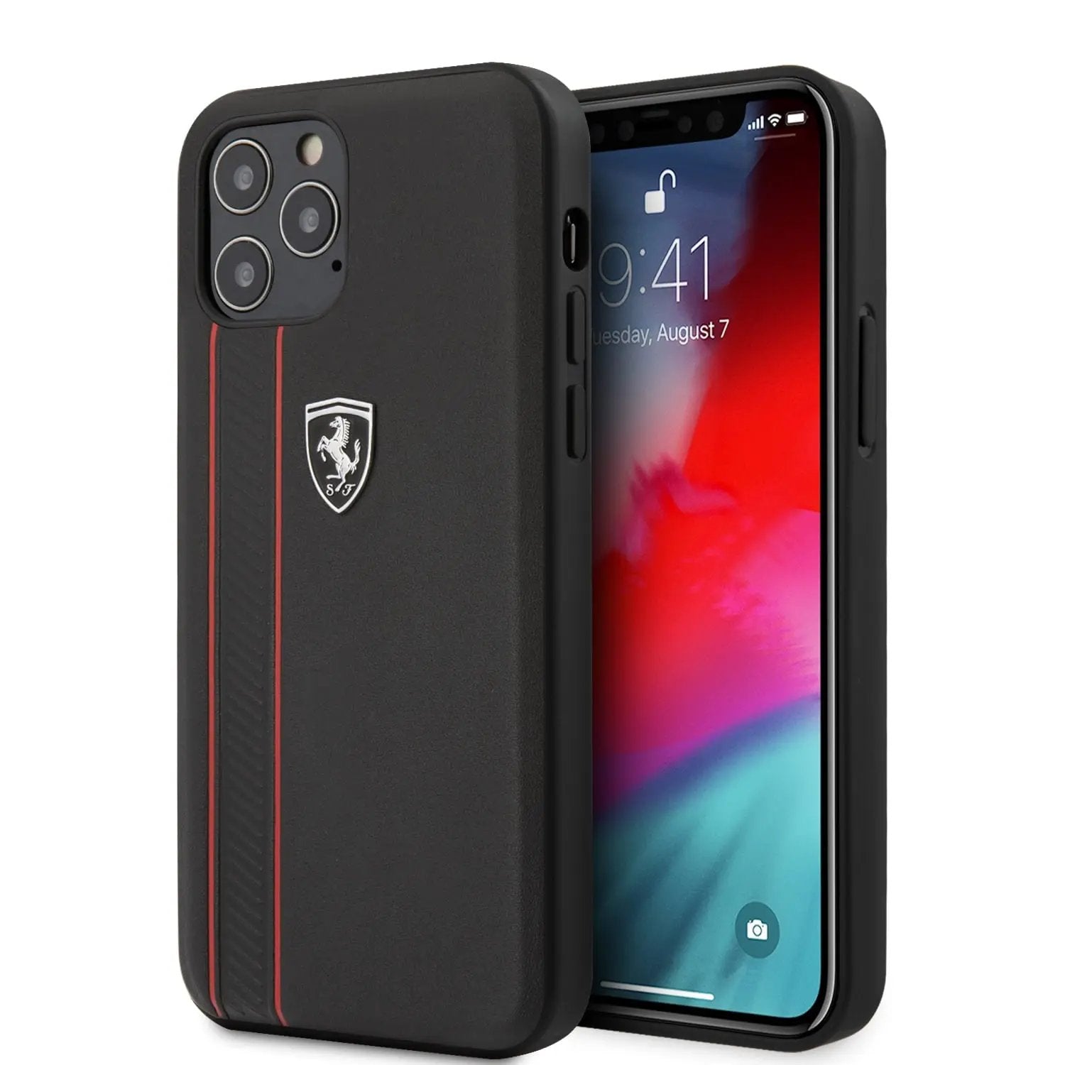 Ferrari "Off Track" Hard Leather Case with Embossed Stripes Θήκη προστασίας από γνήσιο δέρμα – iPhone 12 Pro Max (Μαύρη/Leather/3D Logo) – PhoneBazaar