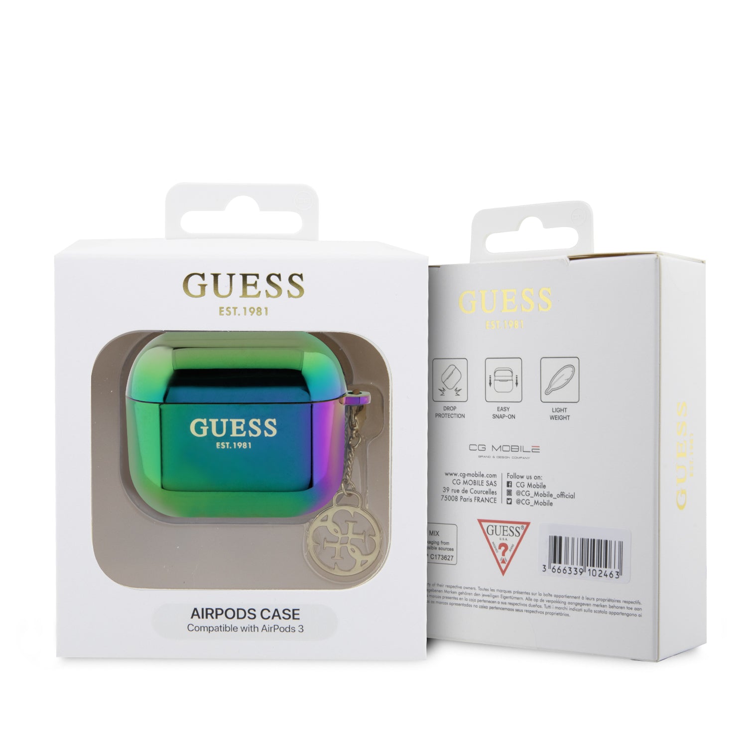 Guess "4G Charm" Collection Θήκη προστασίας από ιριδίζουσα σιλικόνη για Apple Airpods 3 με κρεμαστό στολίδι (Iridescent Black – GUA3HPLIGEK)
