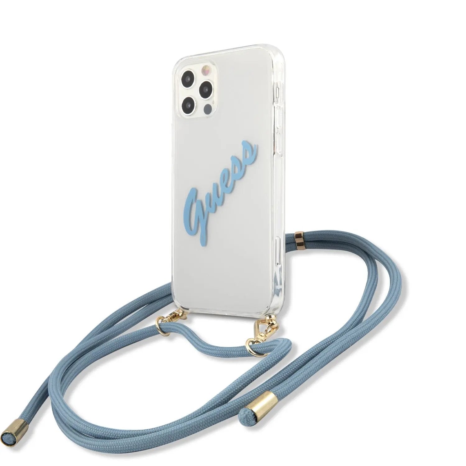Guess “Vintage Script Pink Logo Collection” Σκληρή Θήκη προστασίας από σιλικόνη με κορδονάκι χειρός σε γαλάζιο χρώμα – Apple iPhone 12 Pro Max (Διάφανη) – PhoneBazaar