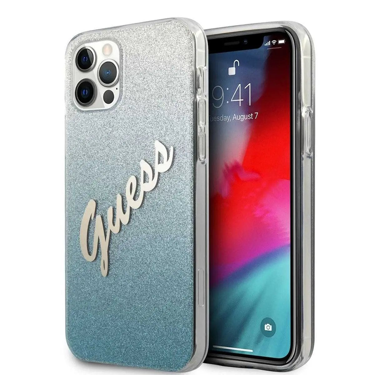 Guess Glitter Gradient Script Logo Θήκη προστασίας από σιλικόνη – iPhone 12 / 12 Pro (Blue/Glitter) – PhoneBazaar