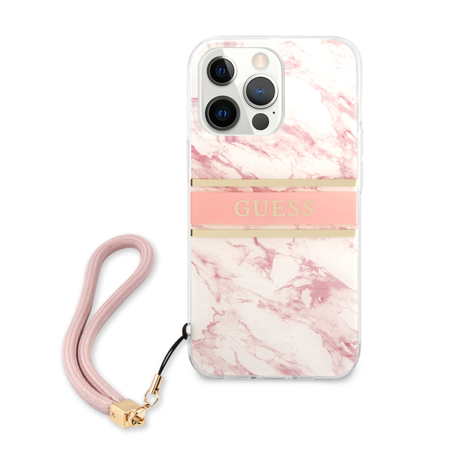 Guess "Marble Collection" Printed Stripe Θήκη προστασίας με όψη μαρμάρου και κορδονάκι χειρός – iPhone 13 Pro (Ροζ/Λευκό)