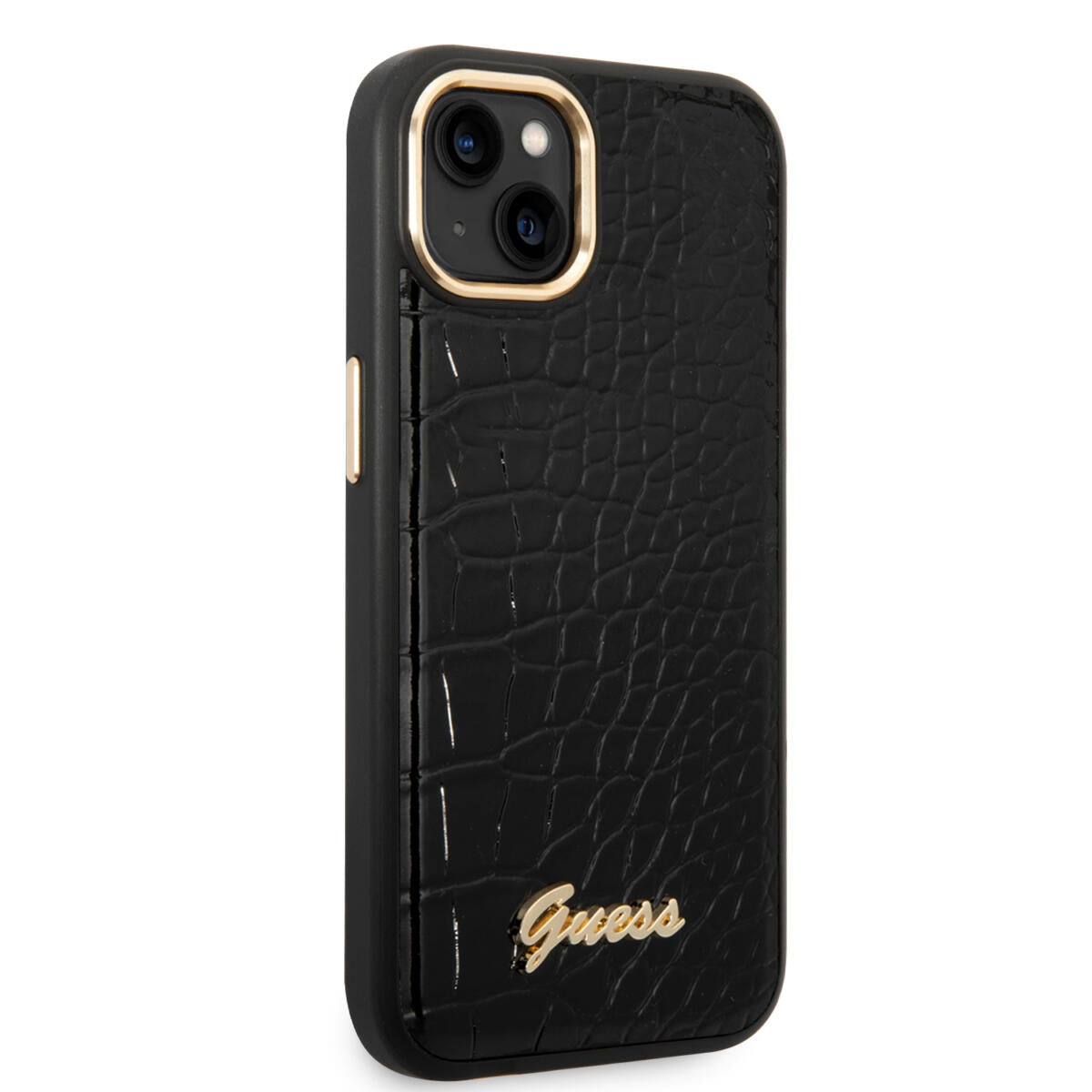 Guess "Croco Collection" Hot Stamp Lines Θήκη προστασίας από δερματίνη με μεταλλικό λογότυπο – iPhone 14 Plus (Μαύρο)