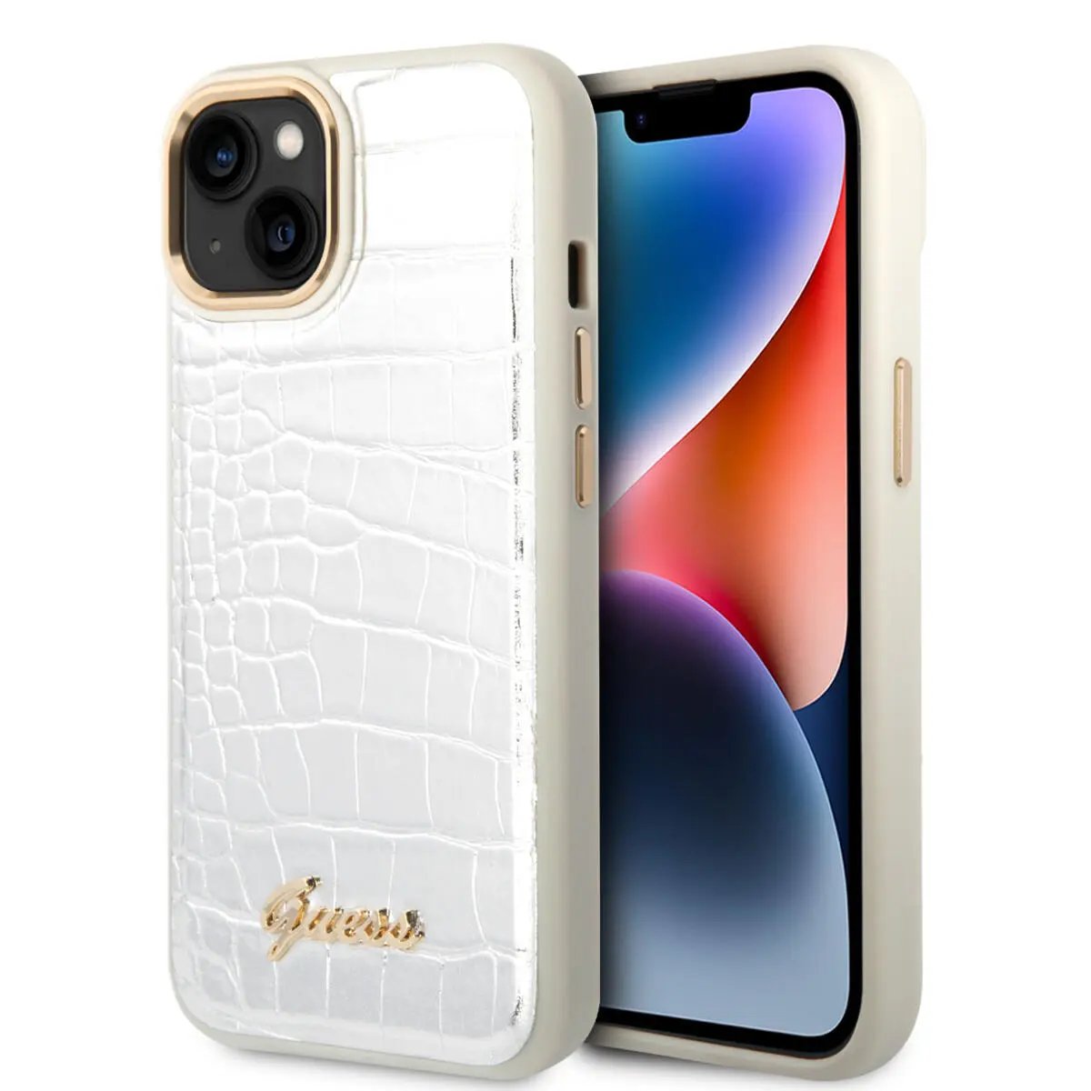 Guess "Croco Collection" Hot Stamp Lines Θήκη προστασίας από δερματίνη με μεταλλικό λογότυπο – iPhone 14 Plus (Λευκό) – PhoneBazaar