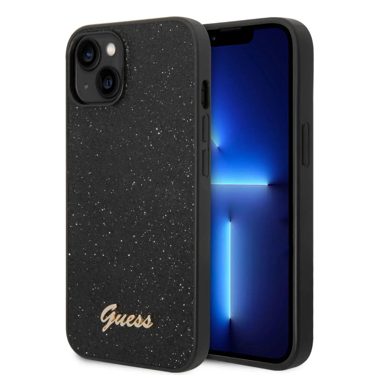 Guess Glitter Flakes Case with Ikonik Patch and Vintage Script Logo Θήκη προστασίας από σιλικόνη – iPhone 14 Plus (Glitter Black) – PhoneBazaar