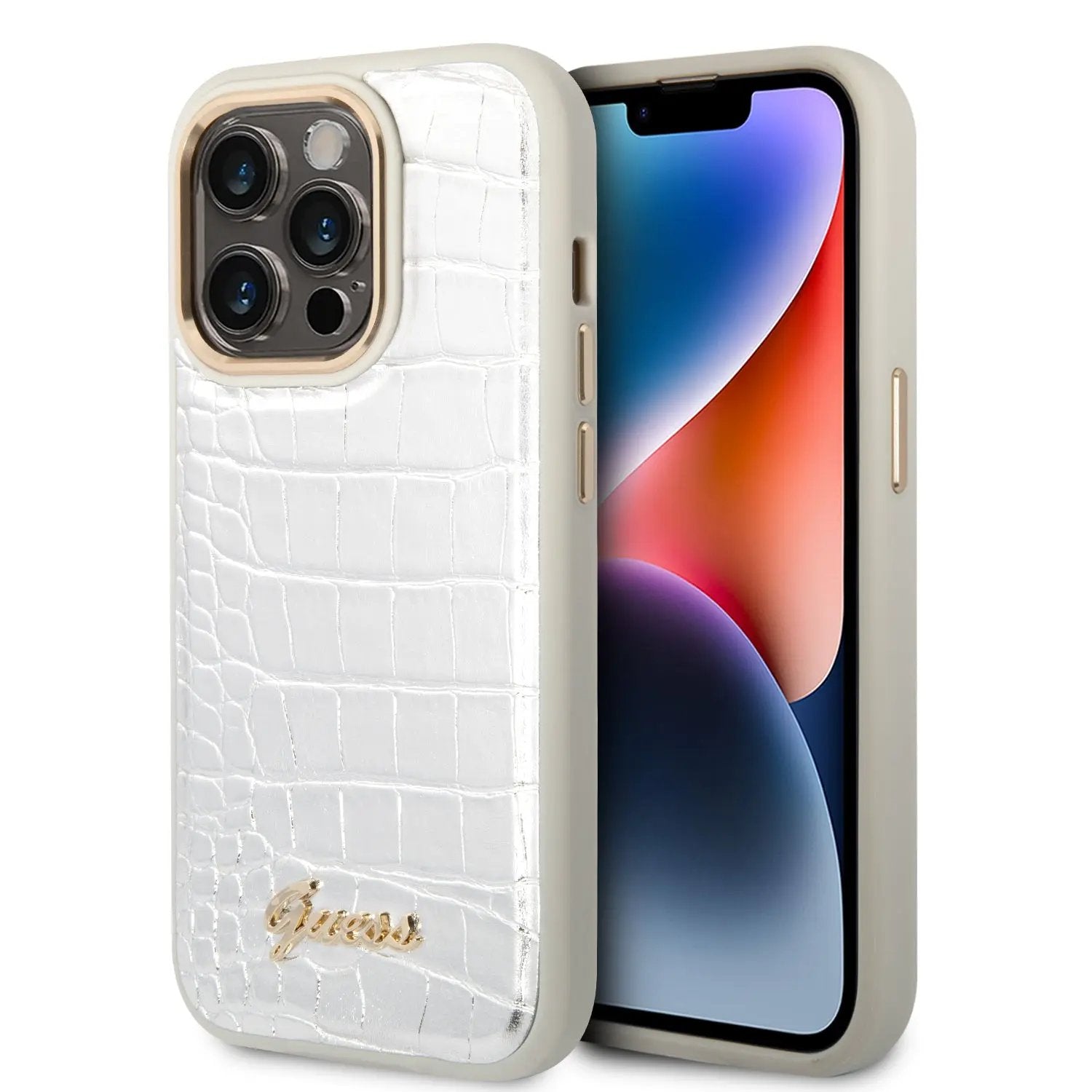 Guess "croco Collection" Hot Stamp Lines Θήκη Προστασίας Απο Δερματινη Με Μεταλλικό Λογοτυπο – Iphone 14 Pro Max (λευκο) – PhoneBazaar