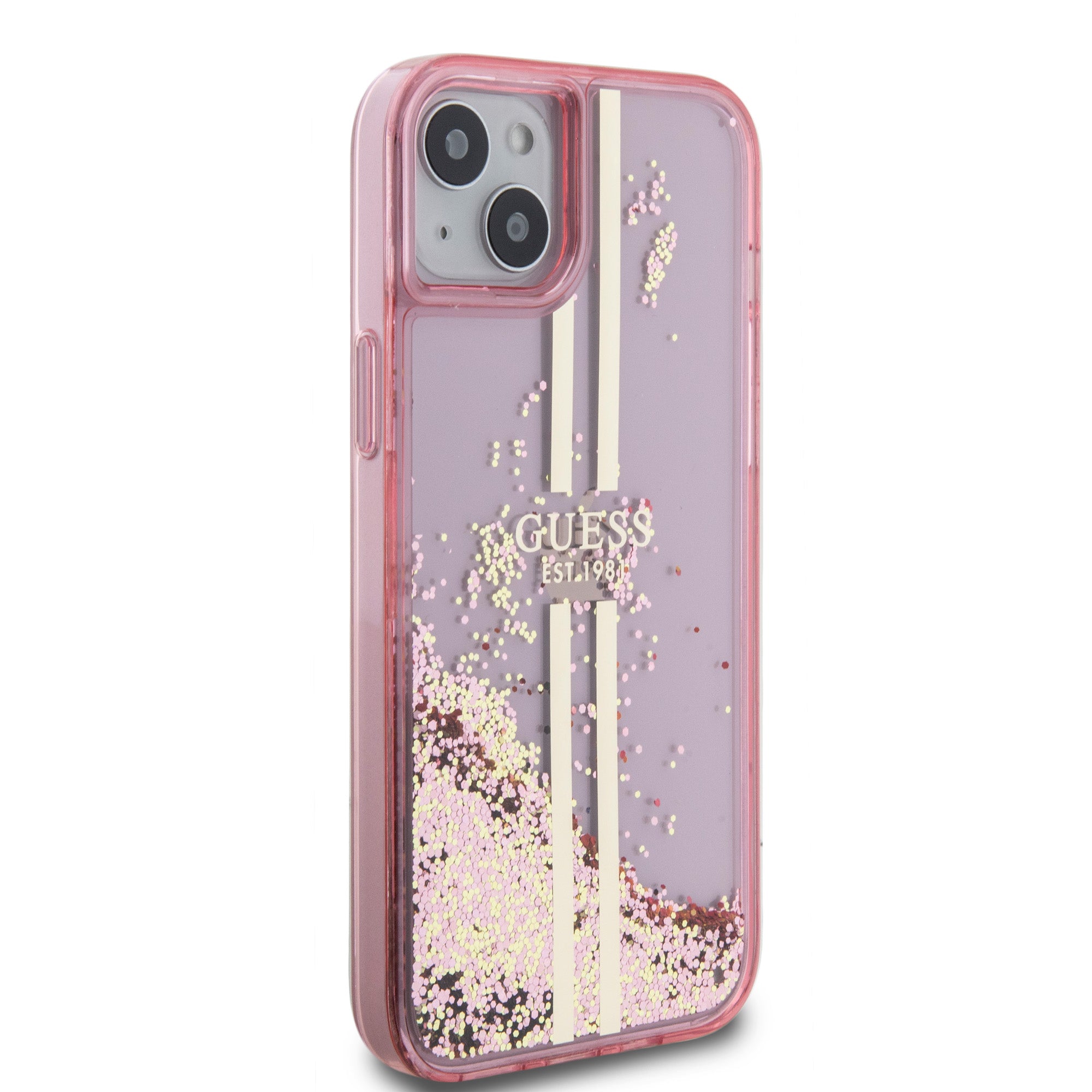 Guess “Liquid Glitter Gold Stripes" Ημιδιάφανη Θήκη προστασίας από σιλικόνη – iPhone 15 Plus (Ροζ – GUHCP15MLFCSEGP)