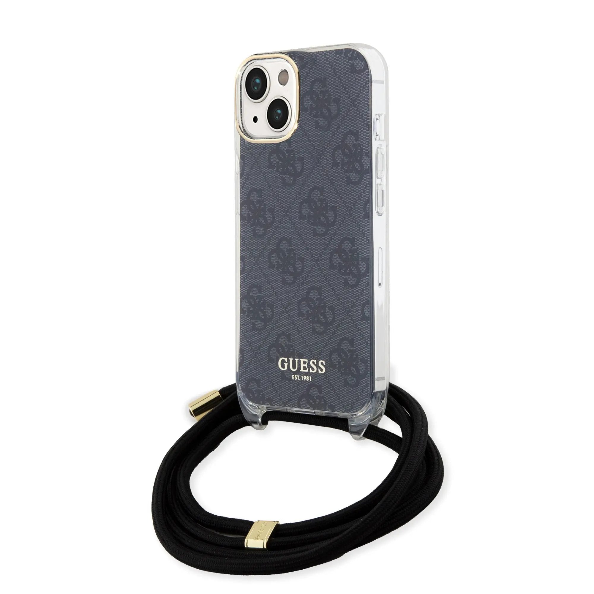 Guess "4G Logo Collection" Crossbody Hard Case Script Metal Logo Θήκη προστασίας από σιλικόνη με λουράκι – iPhone 15 (Μαύρο – GUHCP15SHC4SEK) – PhoneBazaar