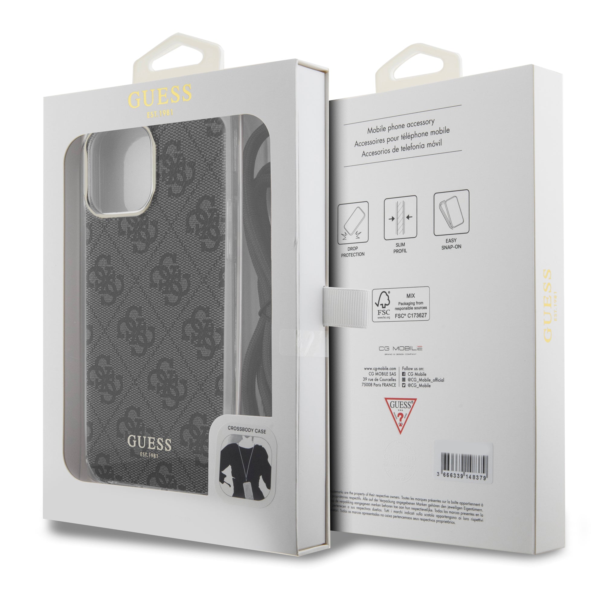 Guess "4G Logo Collection" Crossbody Hard Case Script Metal Logo Θήκη προστασίας από σιλικόνη με λουράκι – iPhone 15 Pro (Μαύρο – GUHCP15LHC4SEK)