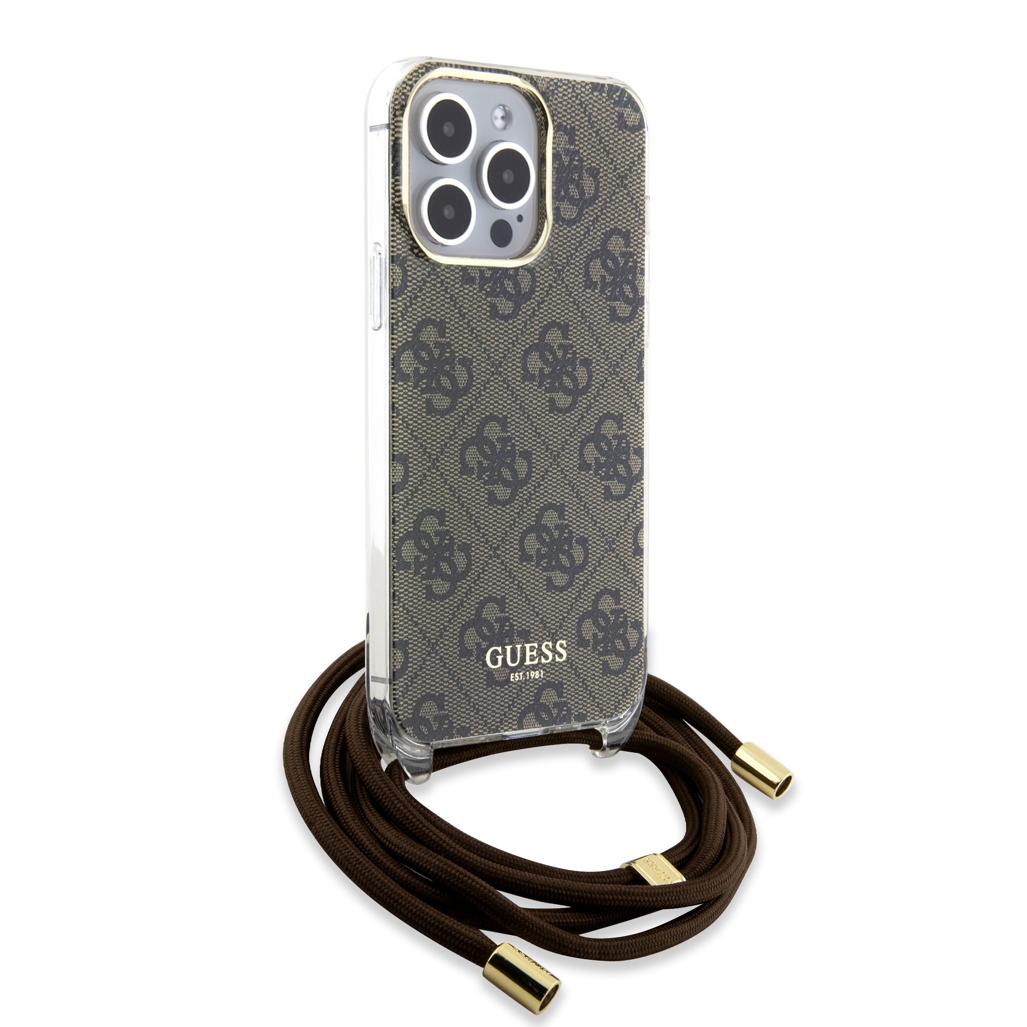 Guess "4G Logo Collection" Crossbody Hard Case Script Metal Logo Θήκη προστασίας από σιλικόνη με λουράκι – iPhone 15 Pro Max (Καφέ – GUHCP15XHC4SEW)