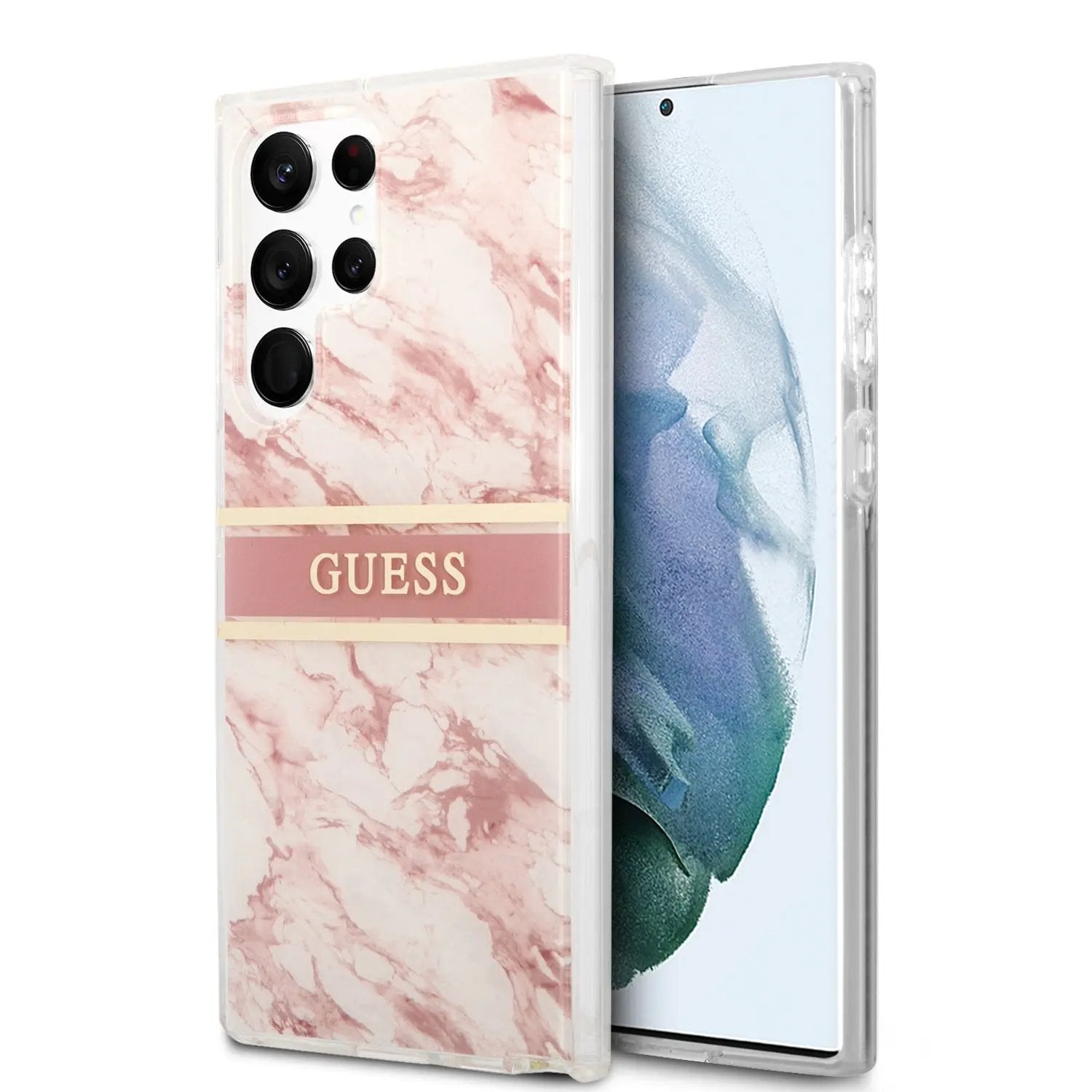 Guess "marble Collection" Printed Stripe Θήκη Προστασίας Με Οψη Μαρμαρου – Samsung Galaxy S22 Ultra (ροζ/λευκο) – PhoneBazaar
