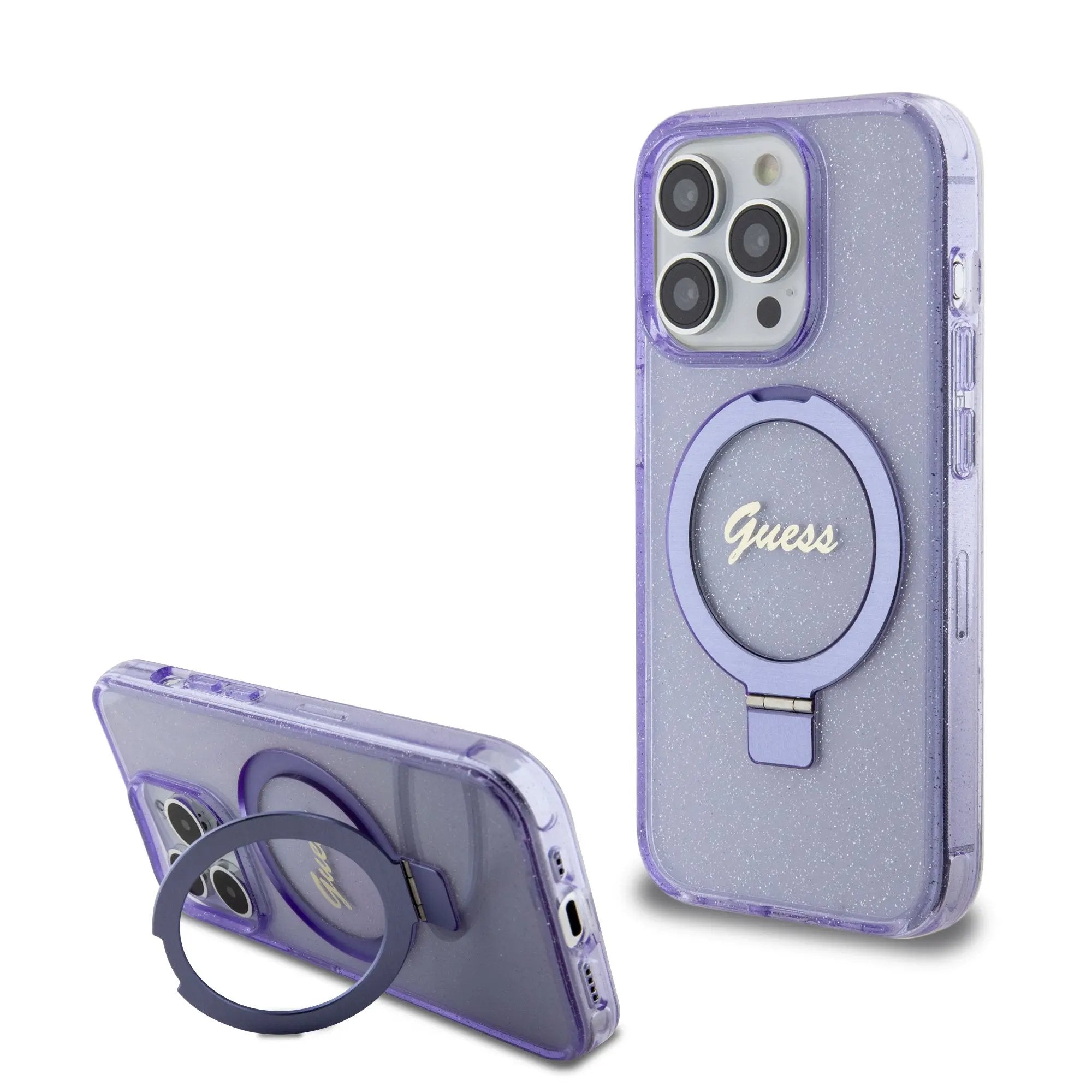 Guess MagSafe Ring Stand Glitter Hard Case Script Logo Θήκη προστασίας από σιλικόνη – iPhone 15 Pro (Διάφανη / Μωβ – GUHMP15LHRSGSU) – PhoneBazaar