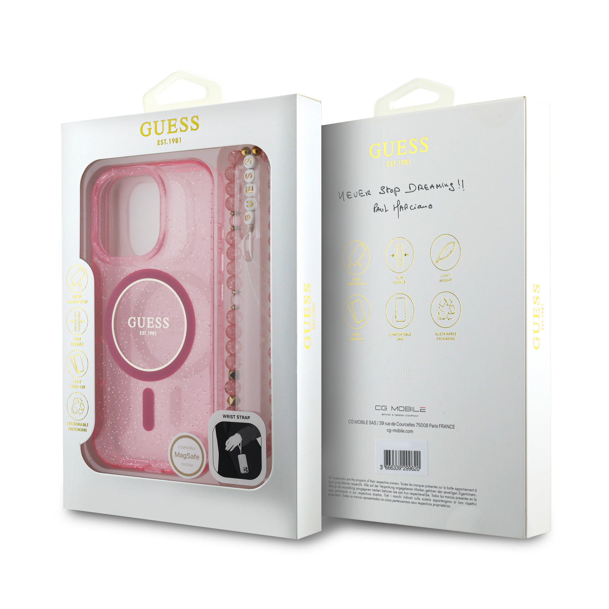 Guess Magsafe “Glitter with Pearl Strap” Hard Case Θήκη προστασίας από σκληρό πλαστικό – iPhone 16 Pro (Ροζ – GUHMP16LHGCRELSF)