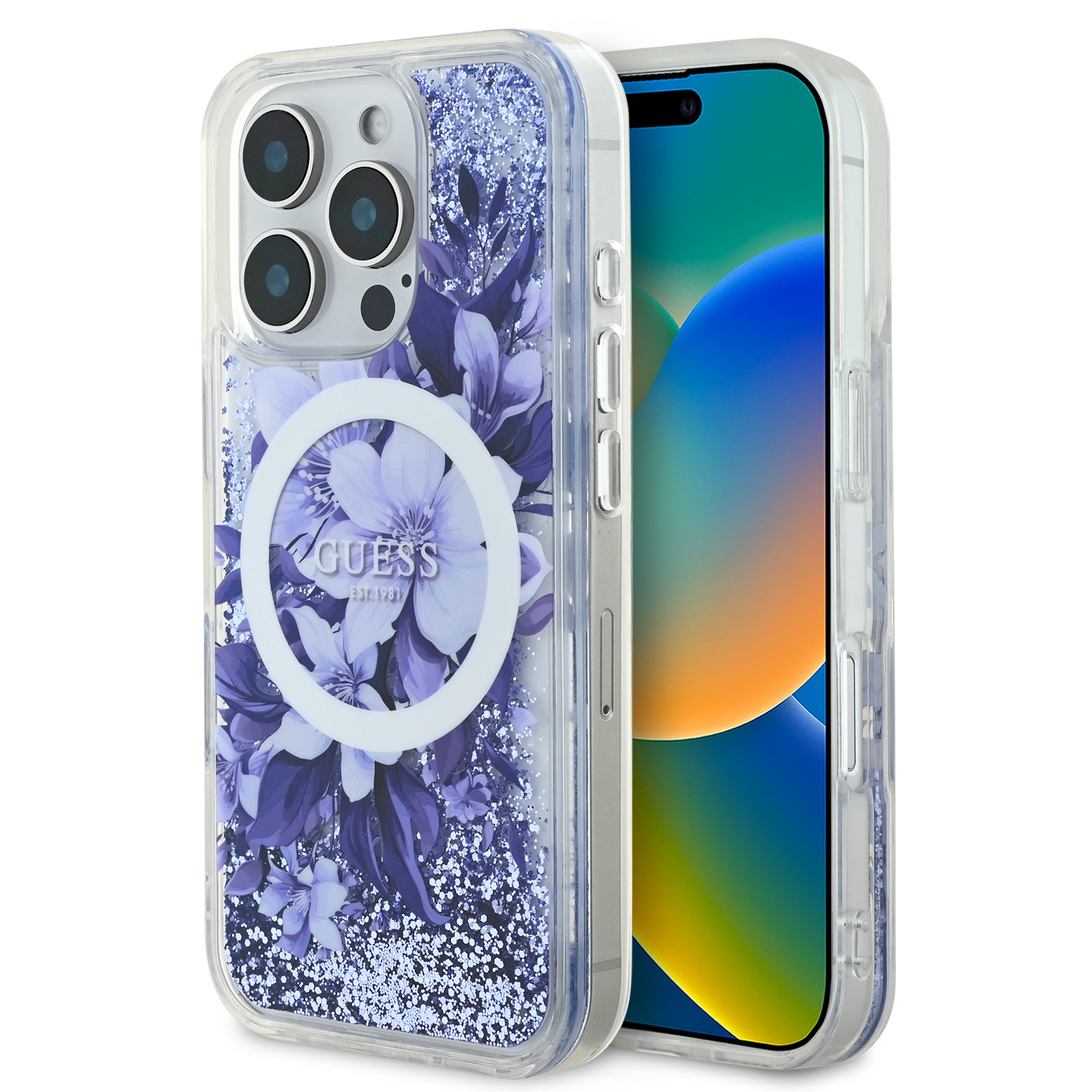 Guess Magsafe “Liquid Glitter Flower" Hard Case Θήκη προστασίας από σκληρό πλαστικό – iPhone 16 Pro (Μωβ – GUHMP16LLFMWTU) – PhoneBazaar