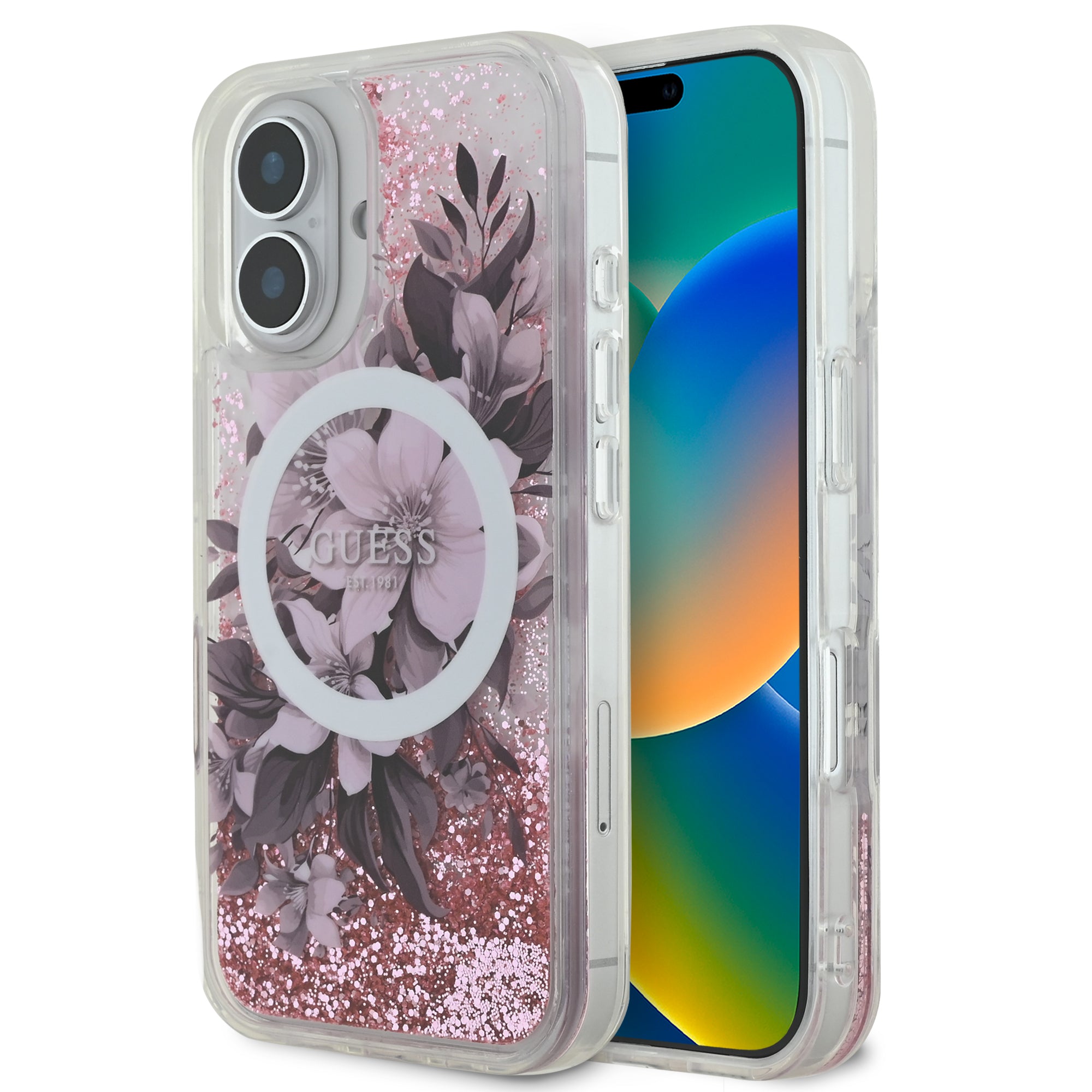 Guess Magsafe “Liquid Glitter Flower" Hard Case Θήκη προστασίας από σκληρό πλαστικό – iPhone 16 (Ροζ – GUHMP16SLFMWTP) – PhoneBazaar