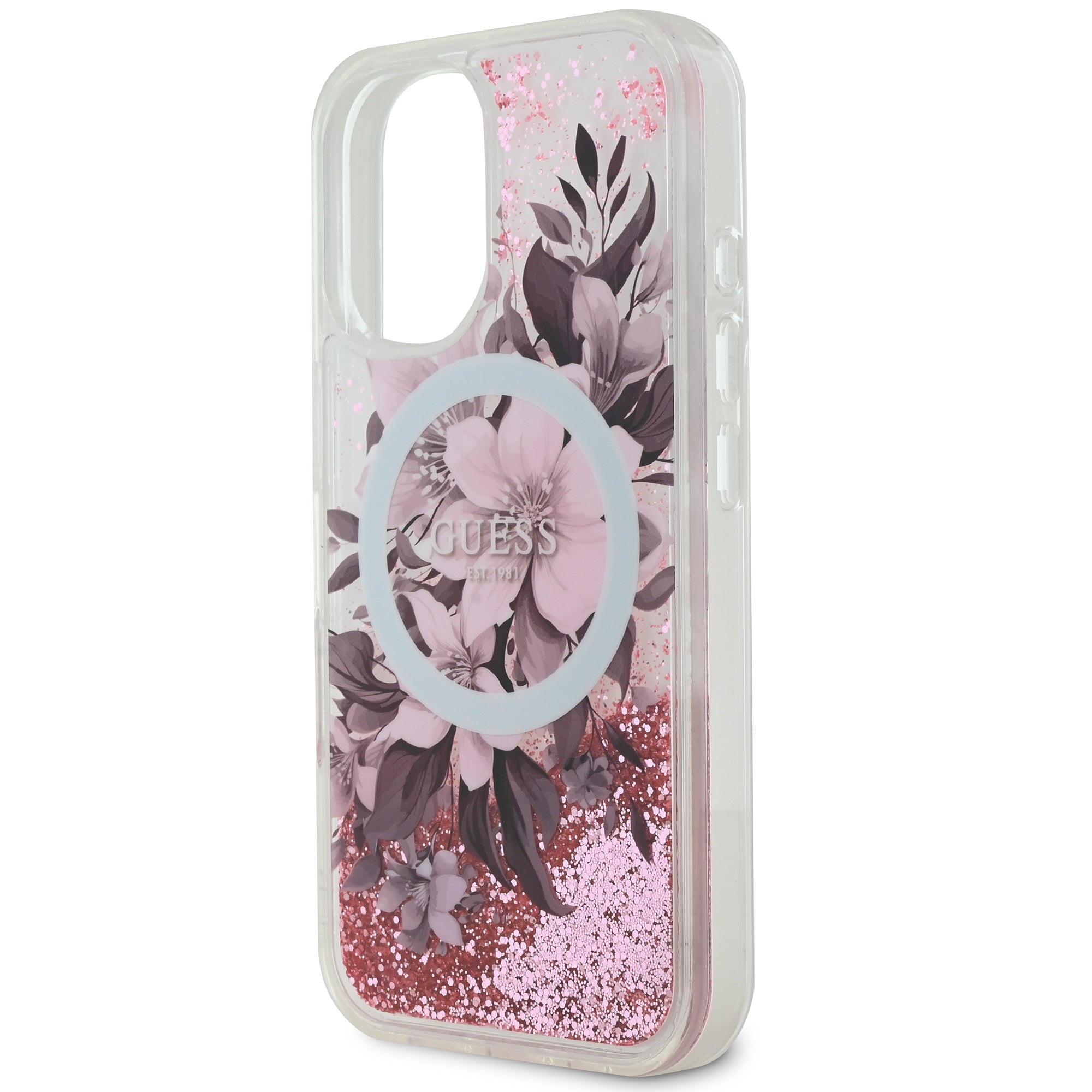 Guess Magsafe “Liquid Glitter Flower" Hard Case Θήκη προστασίας από σκληρό πλαστικό – iPhone 16 (Ροζ – GUHMP16SLFMWTP)
