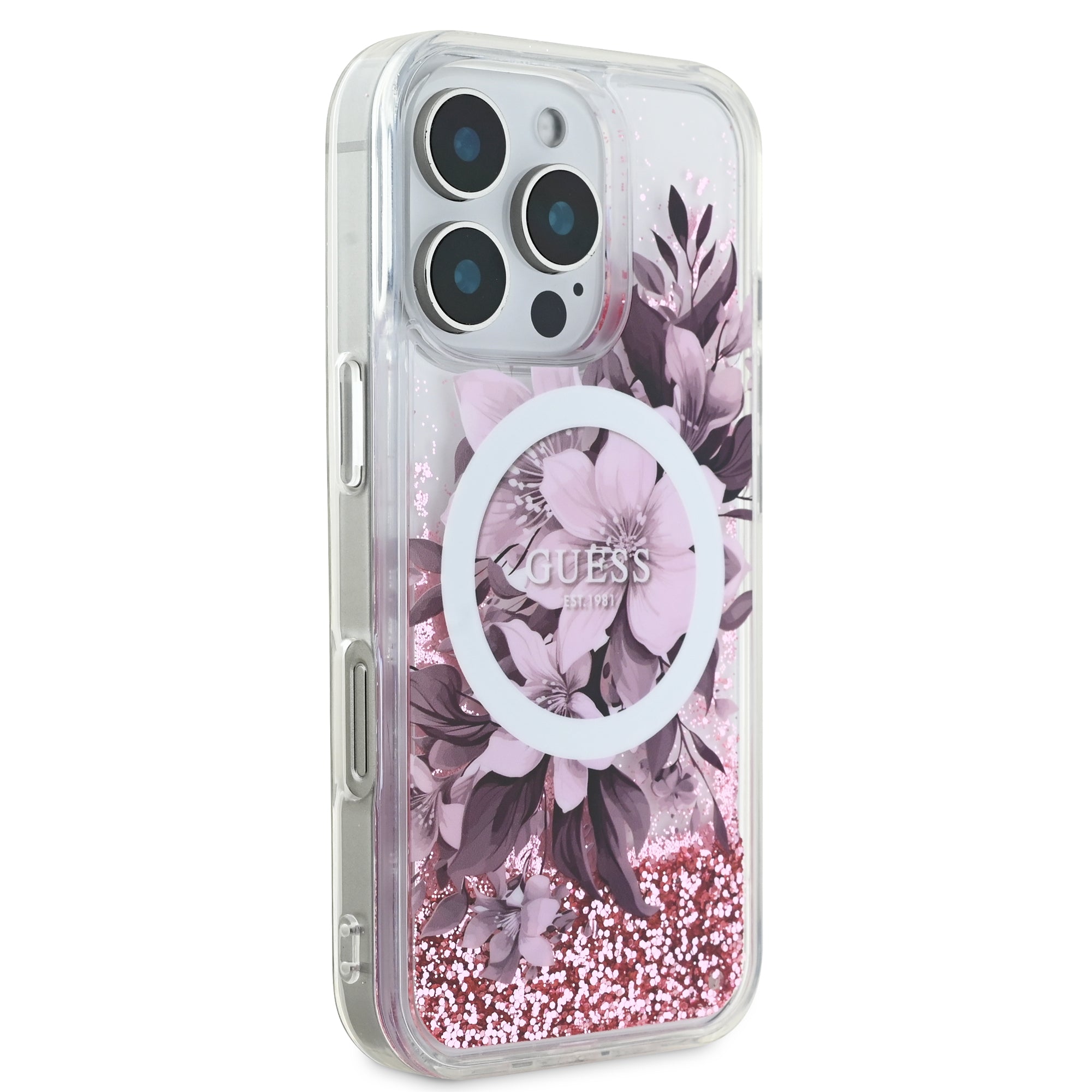 Guess Magsafe “Liquid Glitter Flower" Hard Case Θήκη προστασίας από σκληρό πλαστικό – iPhone 16 Pro Max (Ροζ – GUHMP16XLFMWTP)
