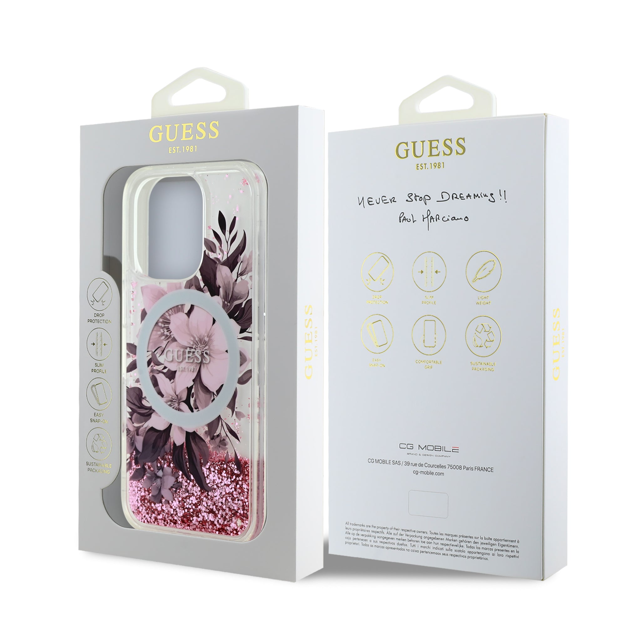 Guess Magsafe “Liquid Glitter Flower" Hard Case Θήκη προστασίας από σκληρό πλαστικό – iPhone 16 Pro Max (Ροζ – GUHMP16XLFMWTP)