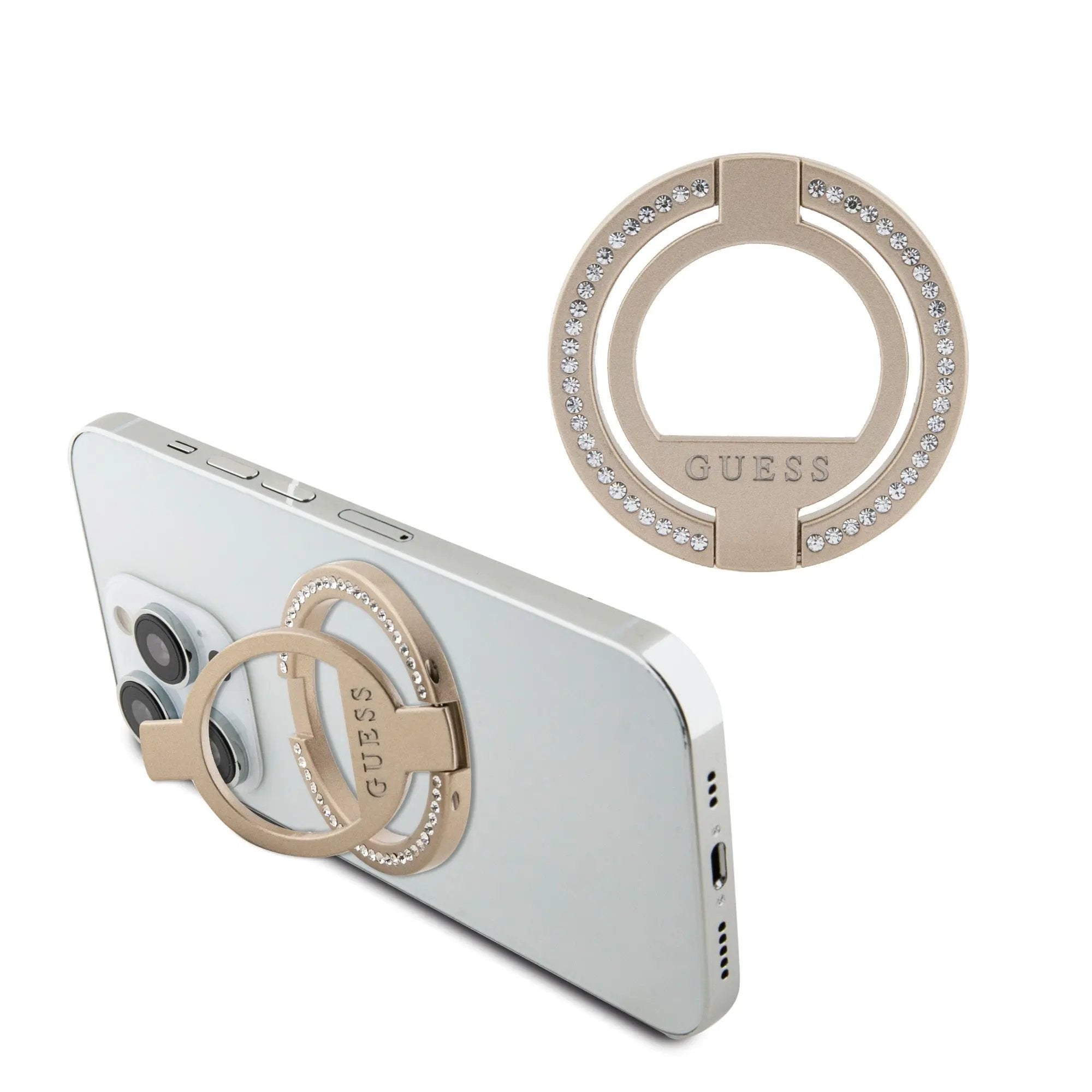 Guess Magsafe Ring Stand with Rhinestones Μοντέρνο Pop Holder για smartphone σε χρυσό χρώμα με στρας – PhoneBazaar