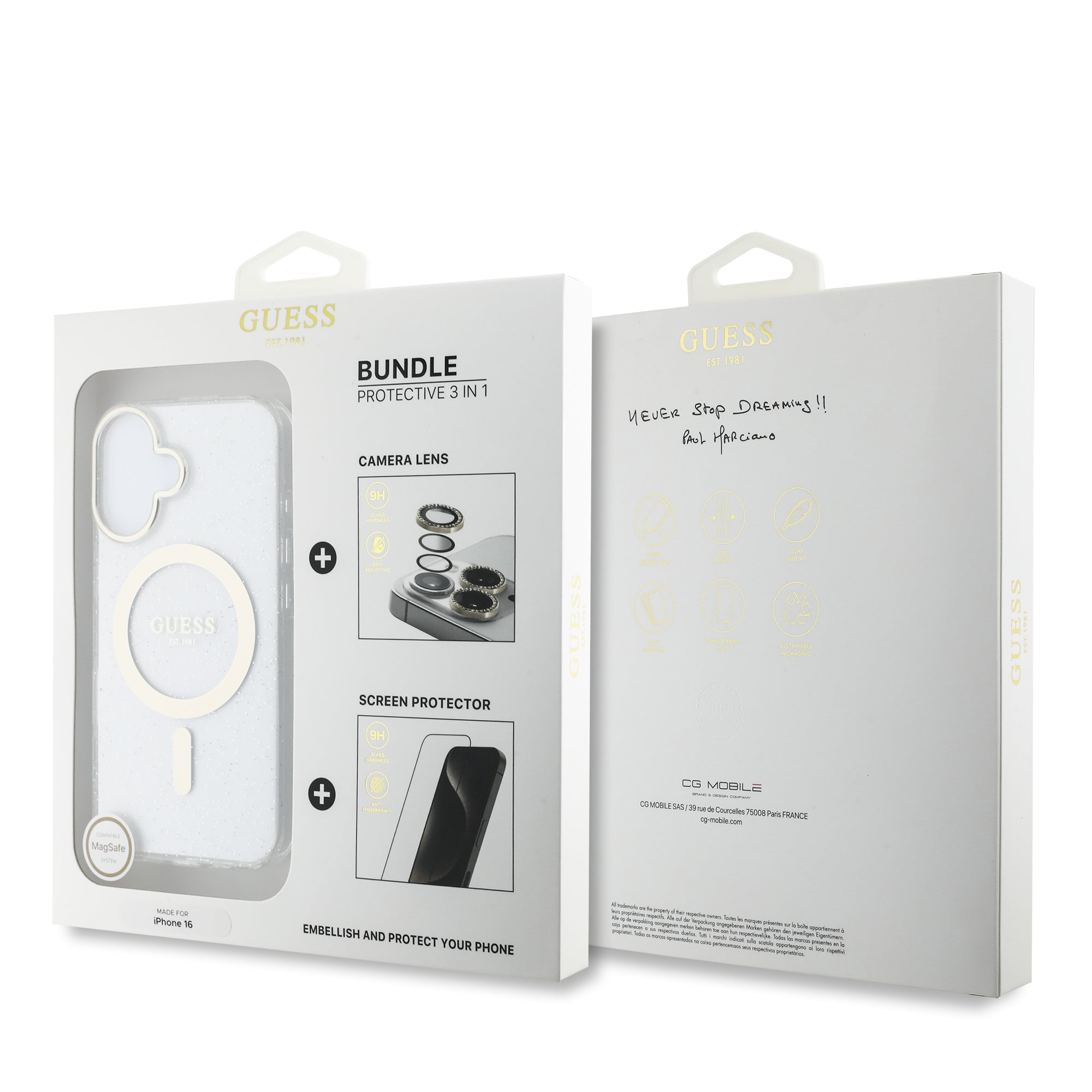 Guess IML Magsafe Case “Rhinestone Gold Lens + Screen” Θήκη προστασίας από σκληρό πλαστικό – iPhone 16 (Clear/Glitter – GUOBPLTP16SHCMCGT) – PhoneBazaar