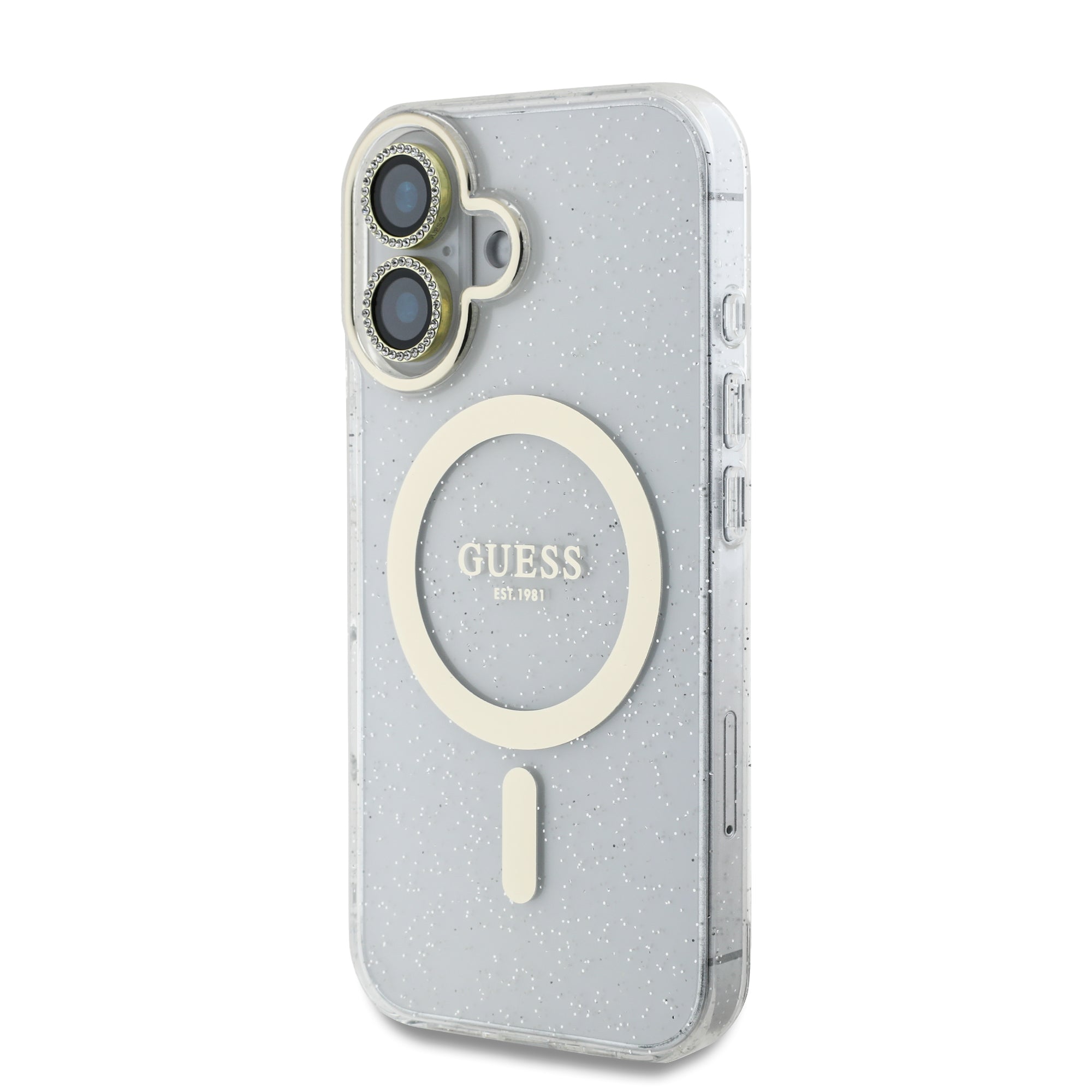Guess IML Magsafe Case “Rhinestone Gold Lens + Screen” Θήκη προστασίας από σκληρό πλαστικό – iPhone 16 (Clear/Glitter – GUOBPLTP16SHCMCGT)
