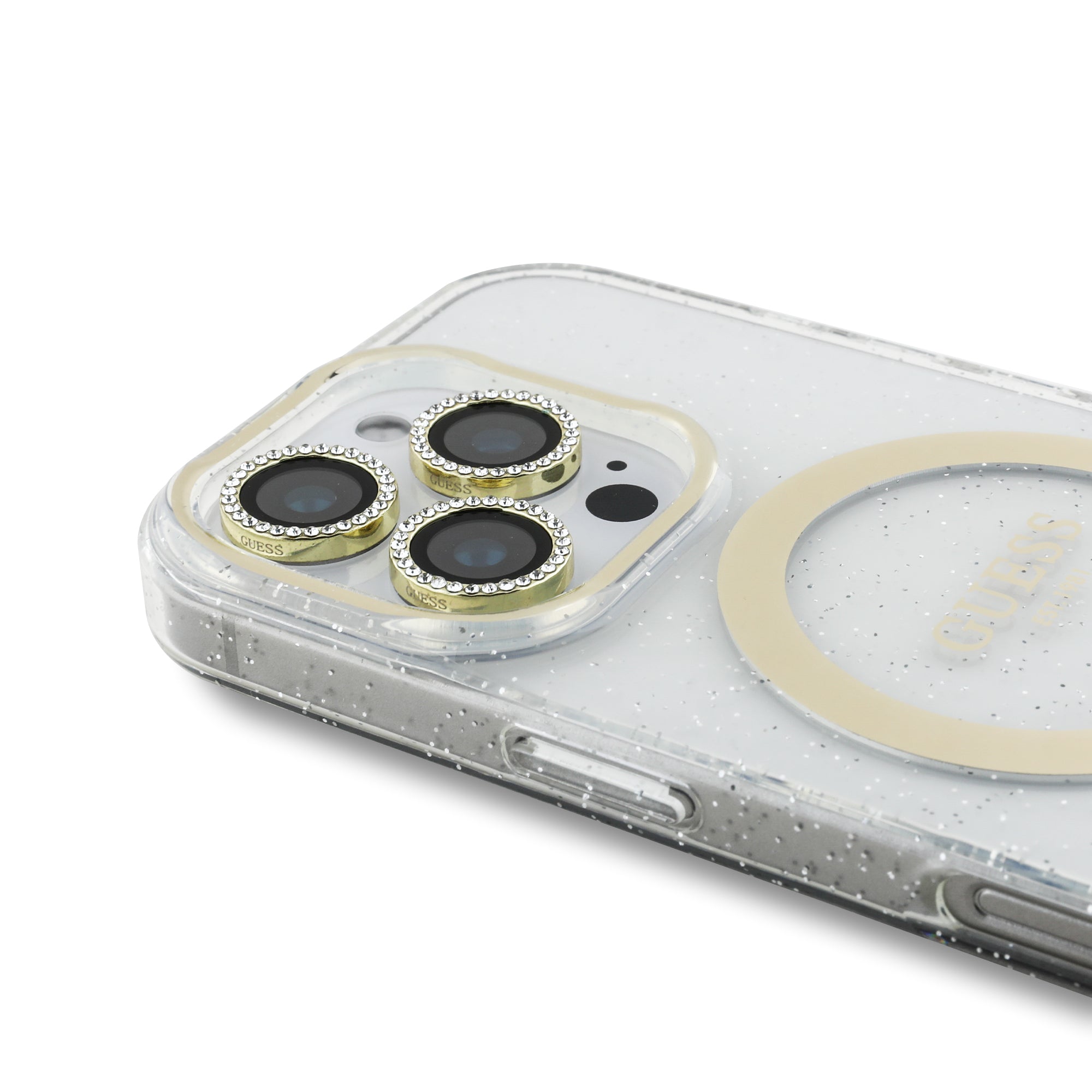 Guess IML Magsafe Case “Rhinestone Gold Lens + Screen” Θήκη προστασίας από σκληρό πλαστικό – iPhone 16 Pro Max (Clear/Glitter – GUOBPLTP16XHCMCGT)