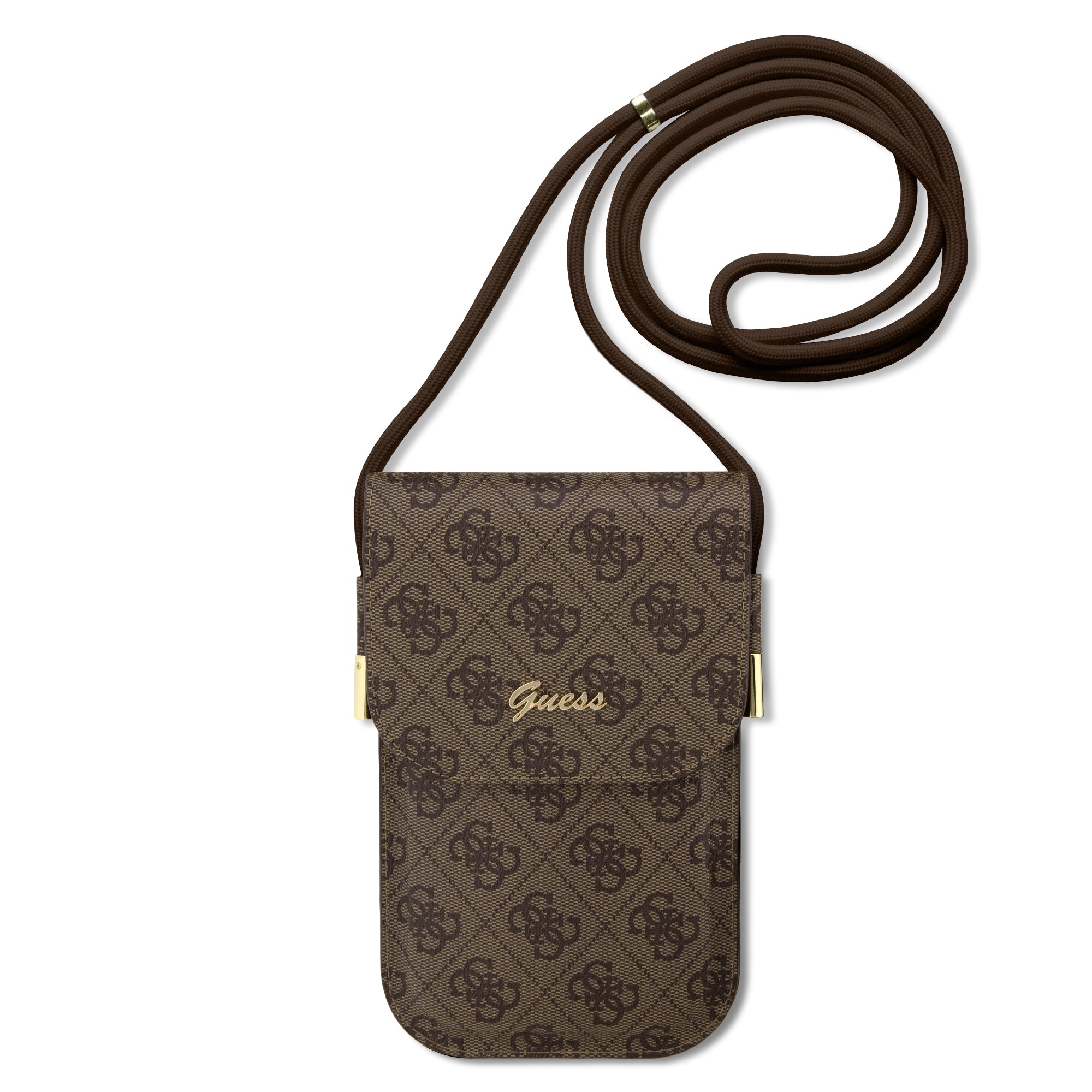 Guess “4G Logo Collection” Script Metal Logo Pouch with cord Τσαντάκι κατάλληλο για smartphone Small / Medium (170x95mm) με κορδονάκι (Brown – GUOWBP4SNSW) – PhoneBazaar