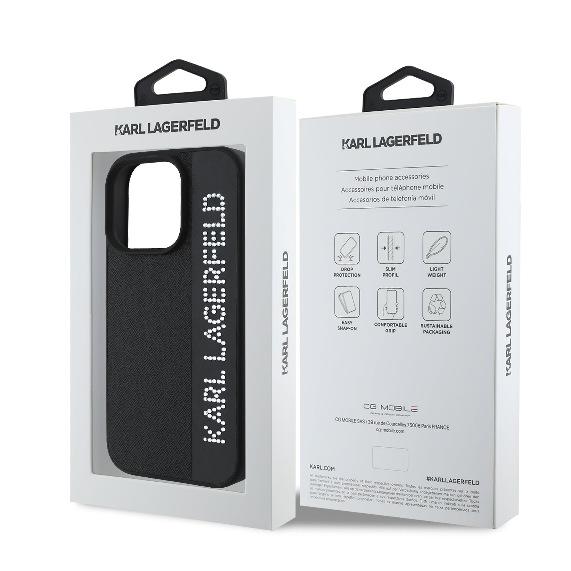 Karl Lagerfeld “Rhinestones and Charm” Θήκη προστασίας από για iPhone 16 Pro Max με κρεμαστό στολίδι (Μαύρο – KLHCP16XPSAKDGCK)