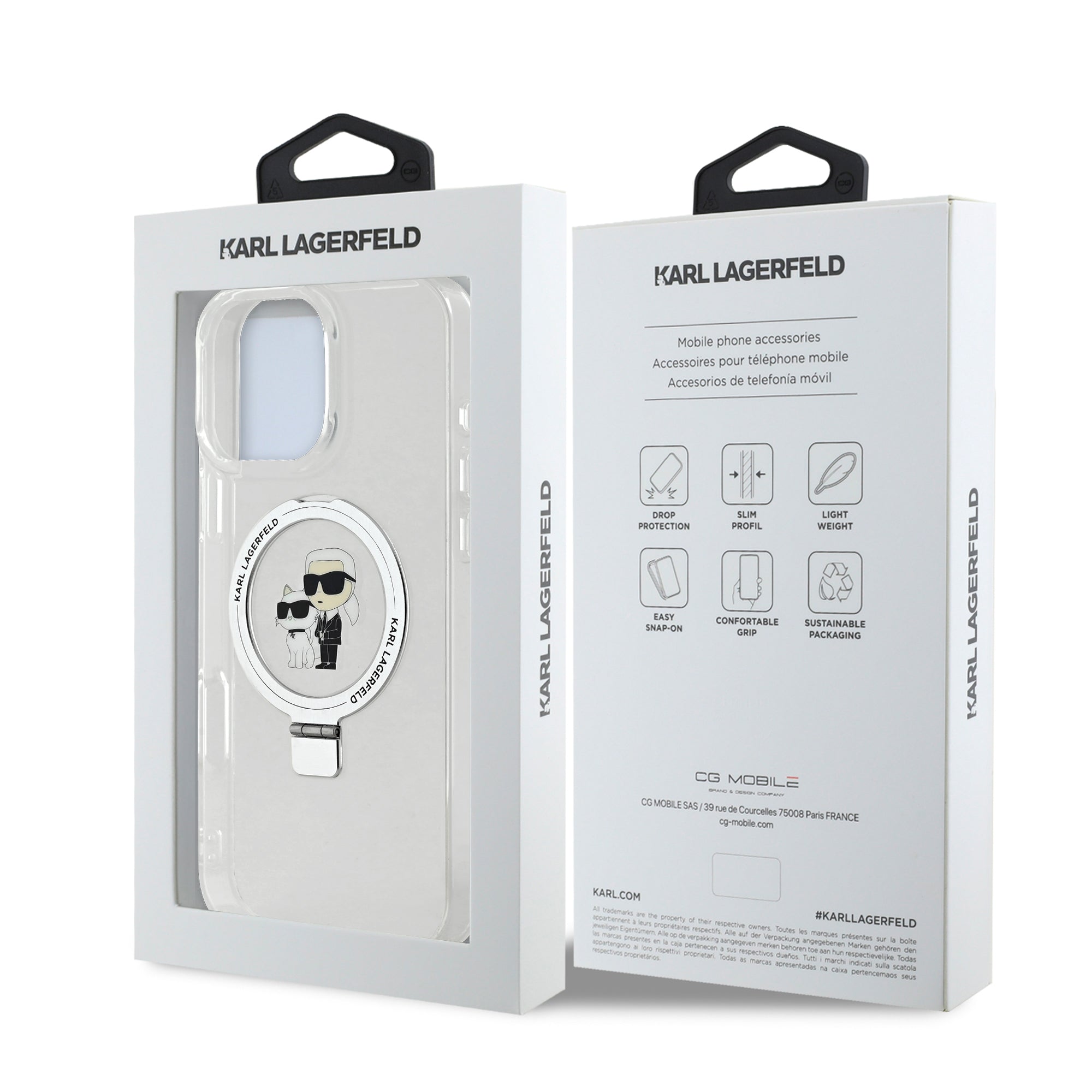 Karl Lagerfeld Magsafe Ringstand Case “Karl + Choupette's Head” Θήκη προστασίας από σκληρό πλαστικό για iPhone 16 Pro (Διάφανη – KLHMP16LHMRSKCH)