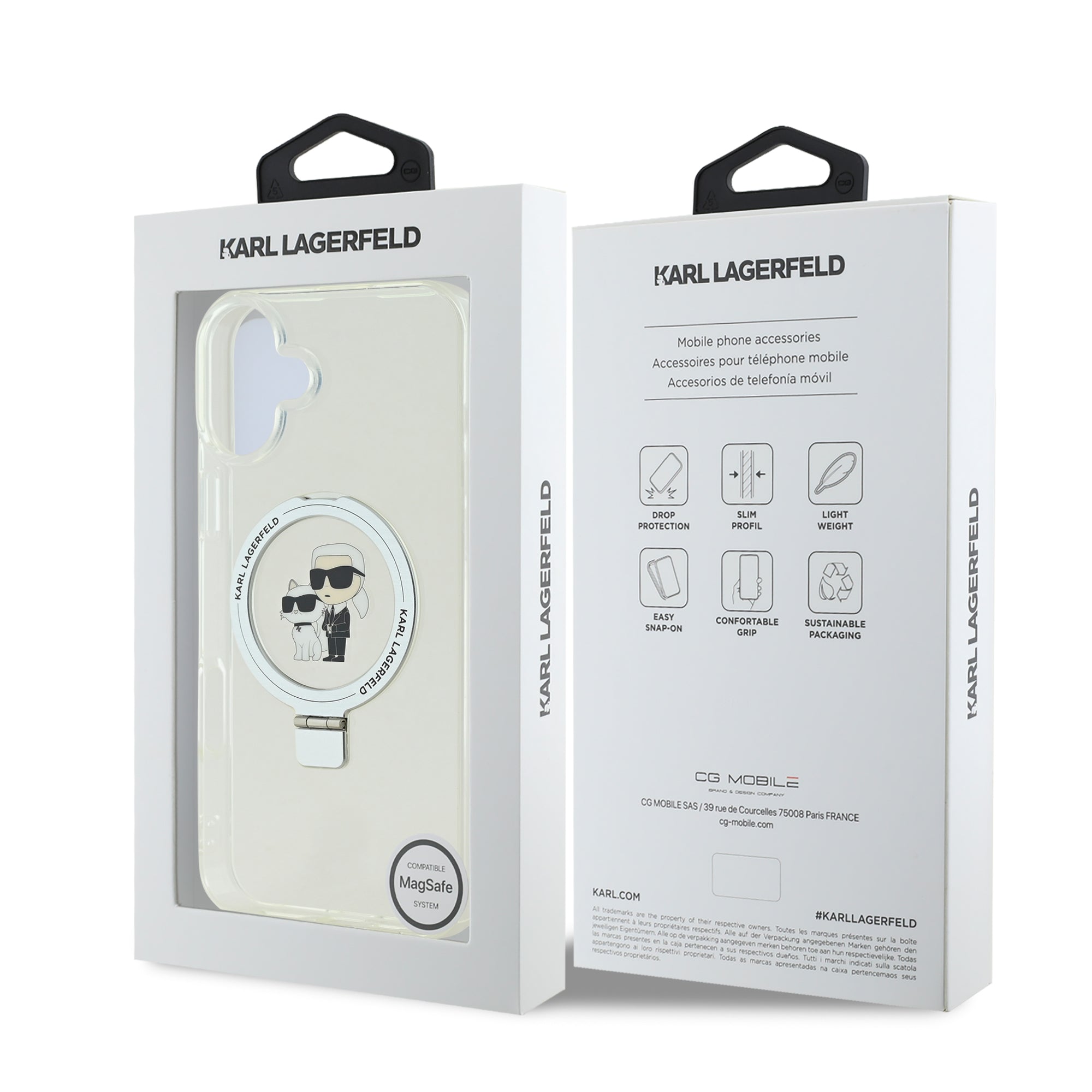 Karl Lagerfeld Magsafe Ringstand Case “Karl + Choupette's Head” Θήκη προστασίας από σκληρό πλαστικό για iPhone 16 Plus (Διάφανη – KLHMP16MHMRSKCH)