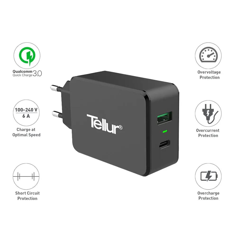 Tellur Dual Usb Wall Charger Quick Charge 3.0 6a Φορτιστής Δυο Θυρων (usb-c + Qc3.0), Σε Μαύρο Χρωμα – PhoneBazaar