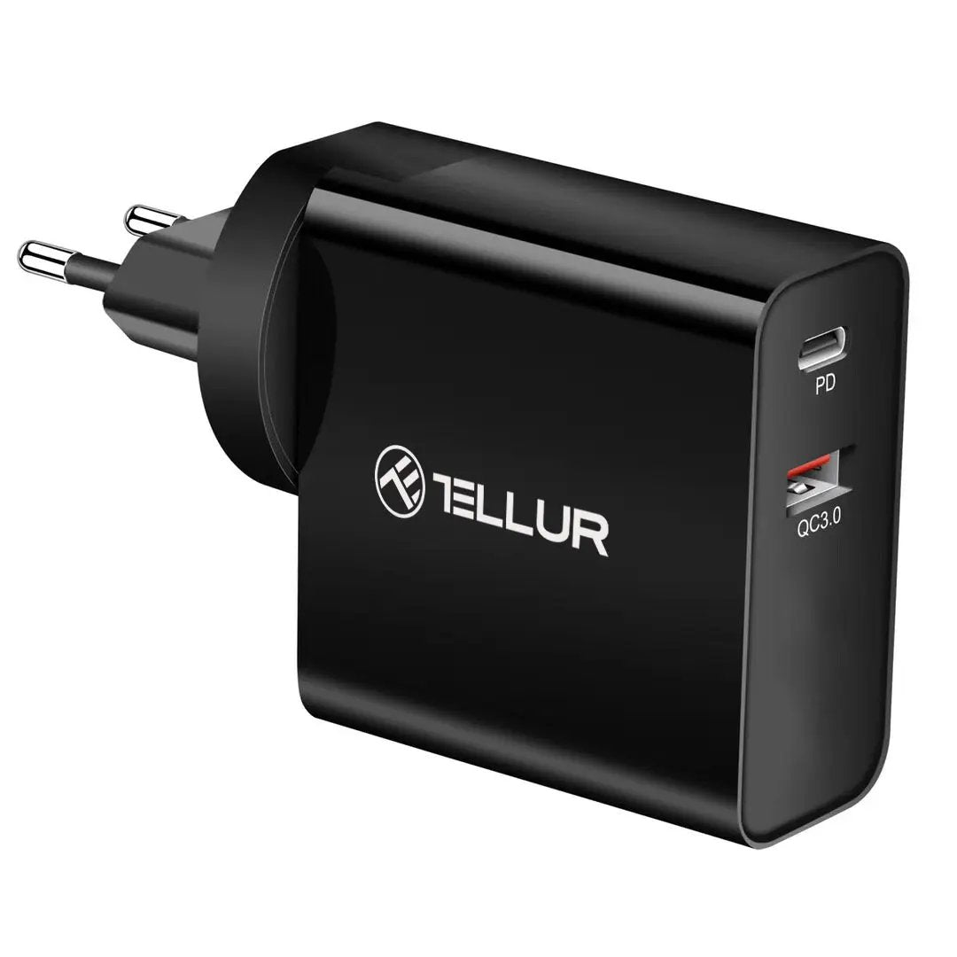 Tellur PDHC1 Φορτιστής δύο θυρών 48W PD (PD30W + QC3.0) 3 βυσμάτων (US, EU, UK), σε μαύρο χρώμα – PhoneBazaar