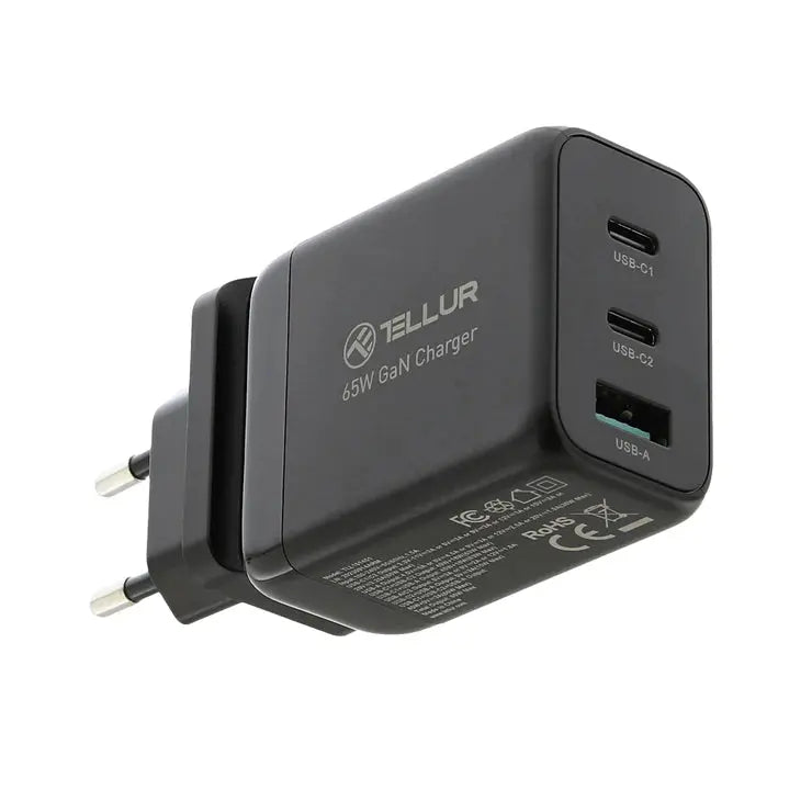 Tellur GaN 65W 3-port wall charger, 2xUSB-C + USB-A, EU, UK, US- Φορτιστής Τοίχου 3 θυρών σε μαύρο χρώμα – PhoneBazaar
