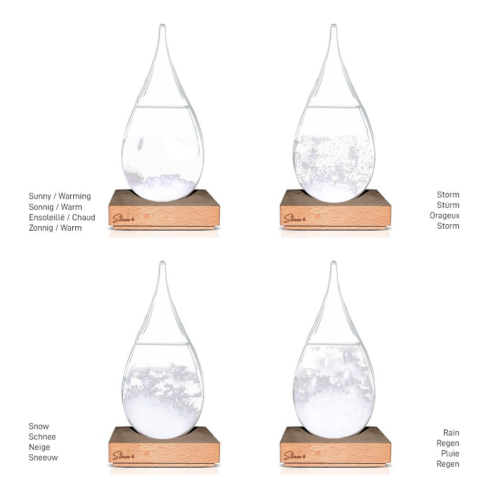 Storm Glass Drop Large – Μεγάλο Διακοσμητικό Βαρόμετρο σε Σχήμα Σταγόνας με Ξύλινη Βάση (22 cm)