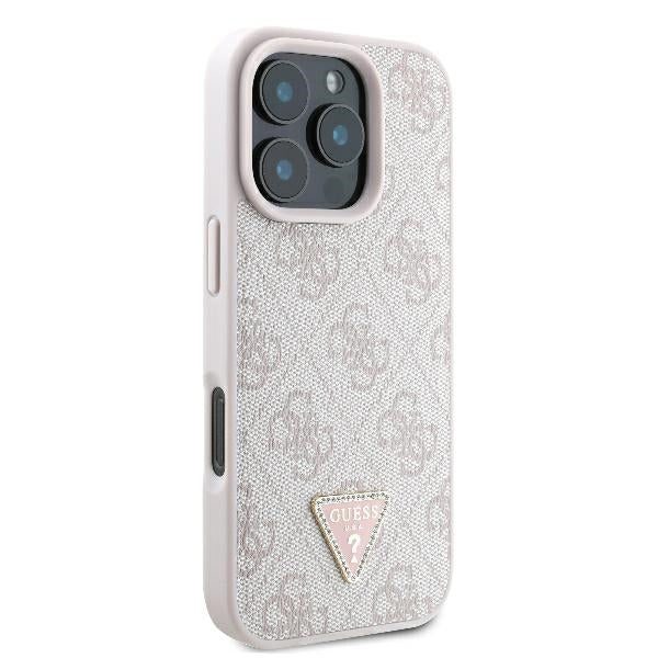 Guess “Triangle Metal Logo Strass Collection” Case Θήκη προστασίας από δερματίνη – iPhone 16 Pro (Ροζ – GUHCP16LP4TDPP)